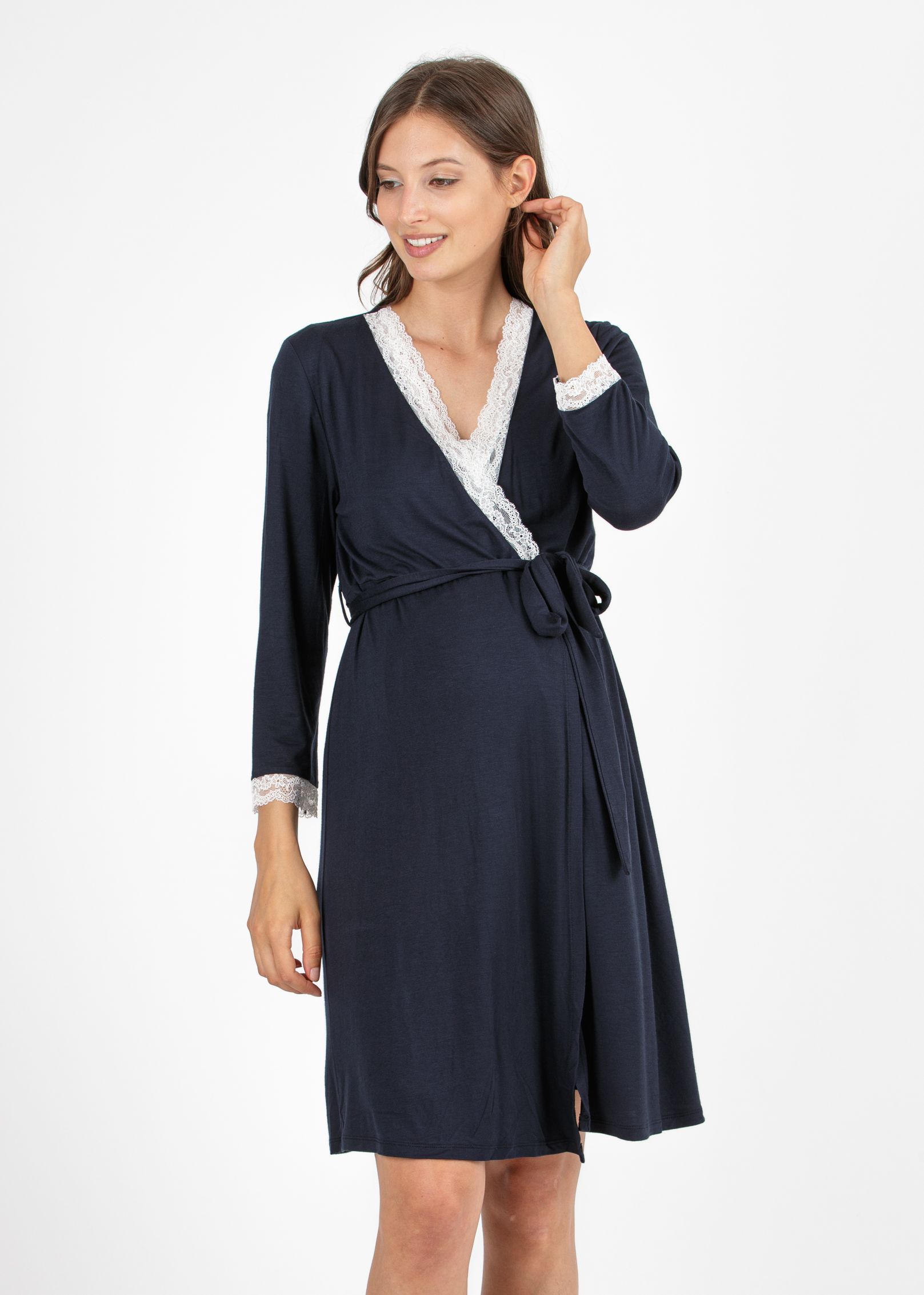 Maternity & Nursing Dressing Gown with Lace Details (Blu Scuro)