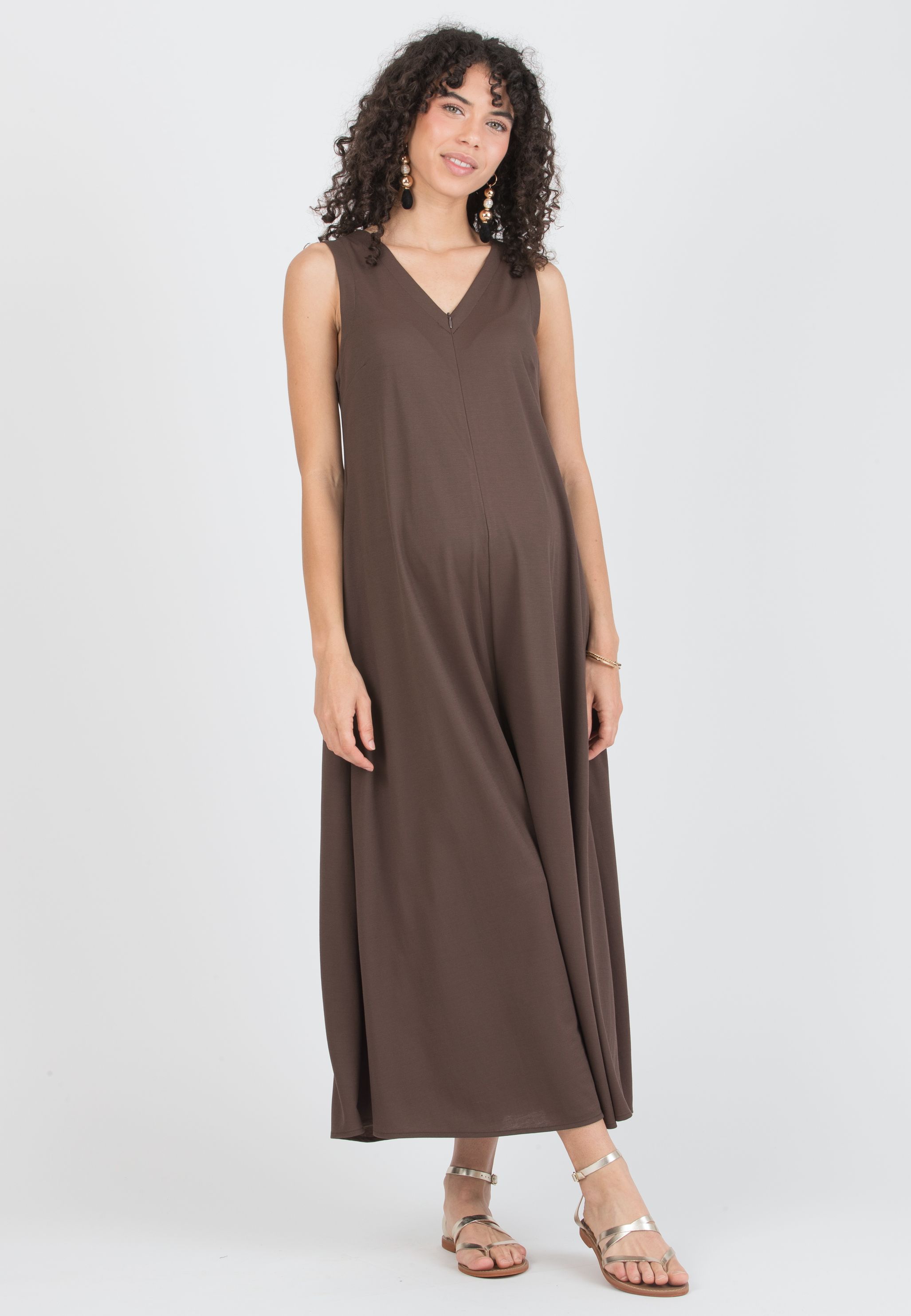 MIRANDA – Maternity Viscose Piqué Jumpsuit with V-Neck and Front Zip (Marrone)