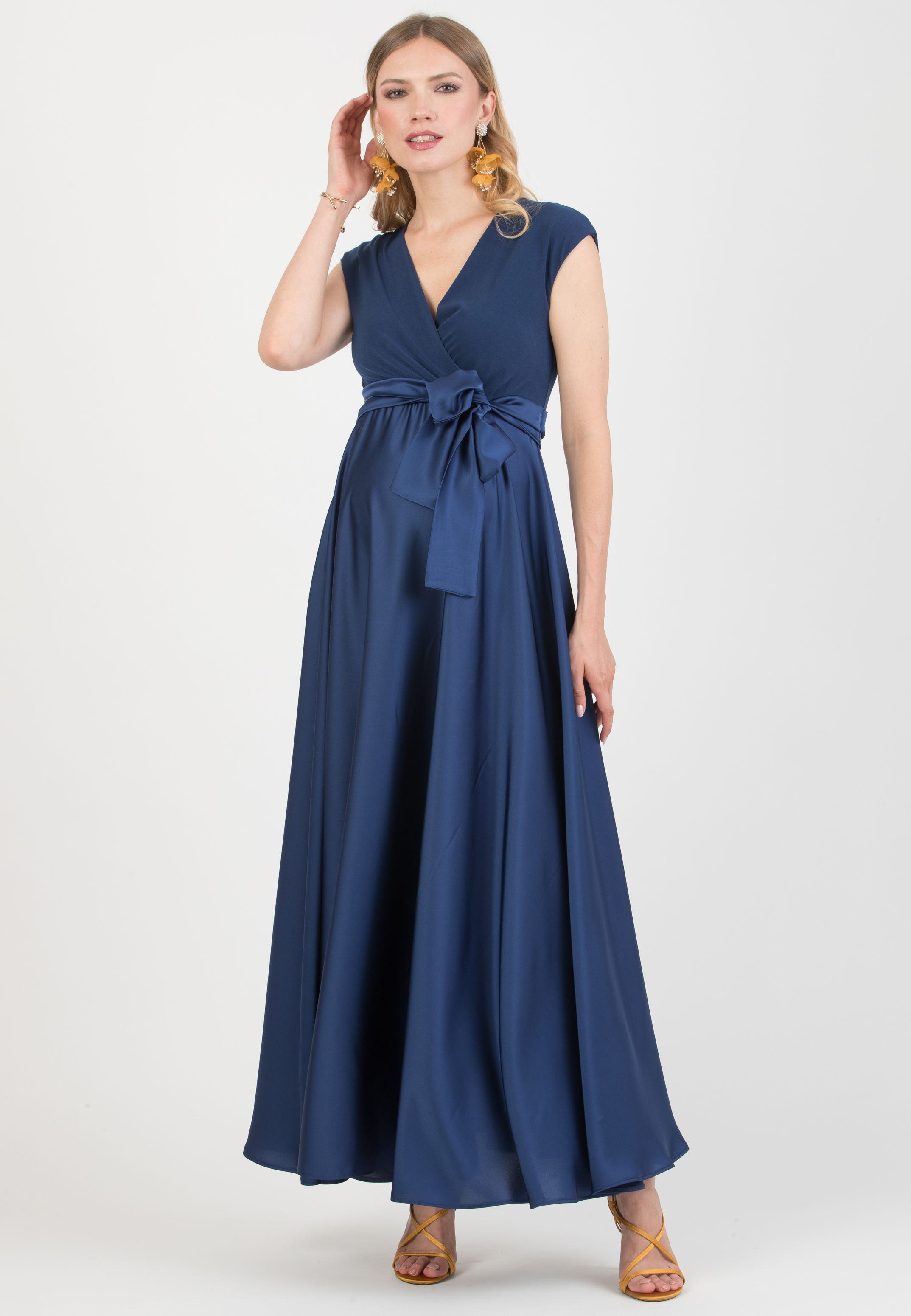 LUCREZIA - Maternity & Nursing Maxi Dress with Satin Skirt (Denim)