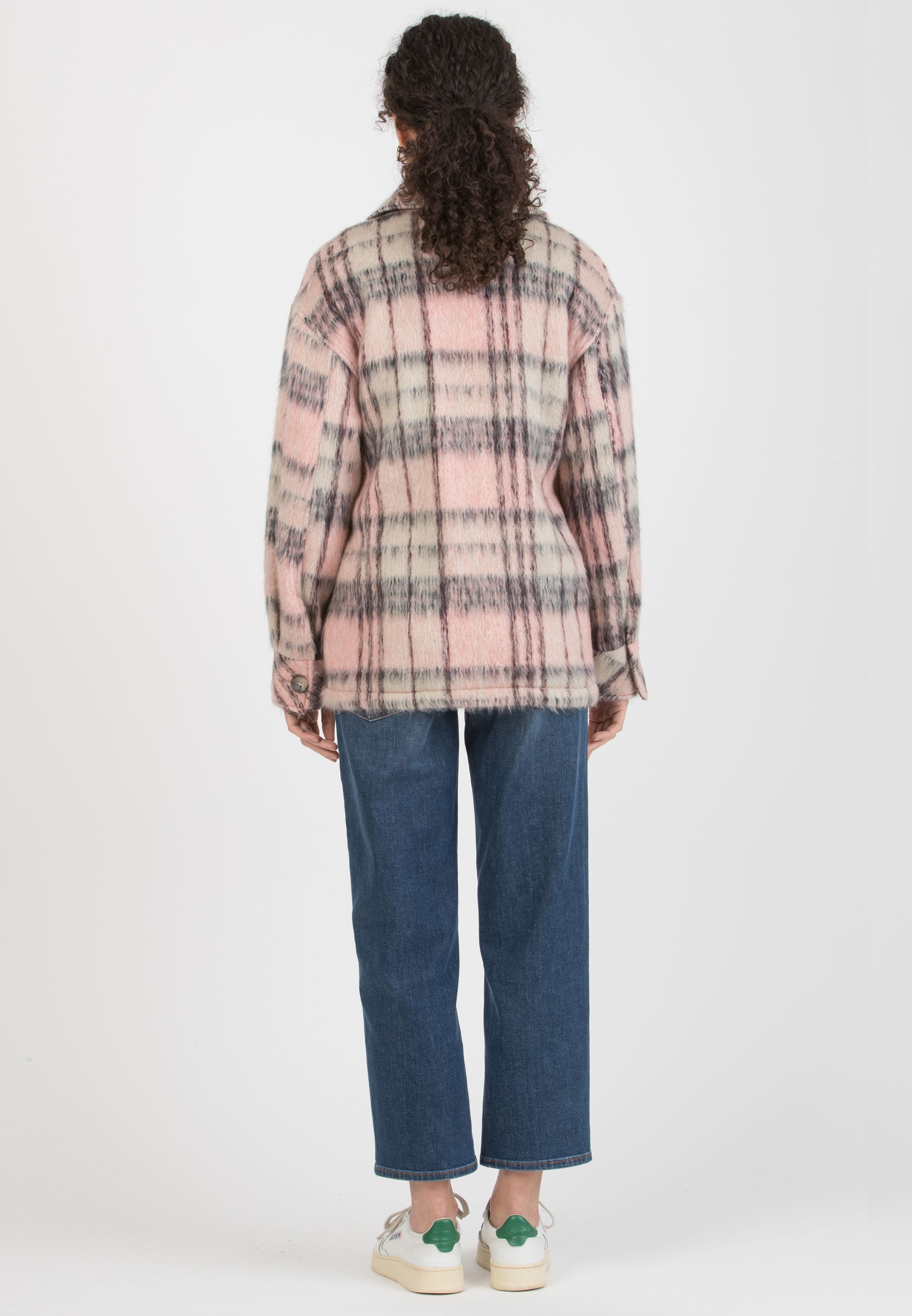 INDIA C – Short Maternity Coat in Virgin Wool with Pink Check Pattern and Pockets (Rosa)