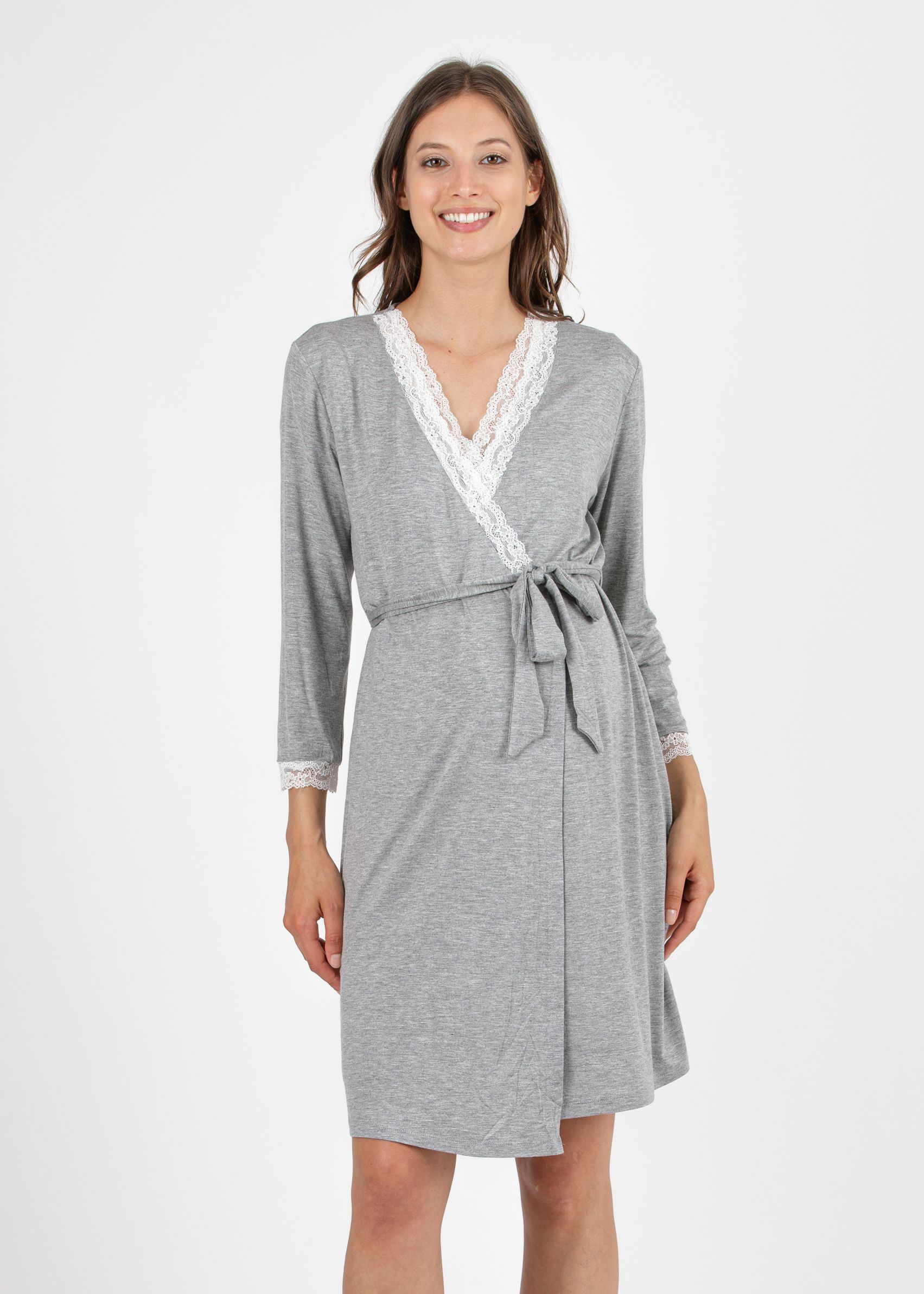 Maternity & Nursing Dressing Gown with Lace Details (Grigio Chiaro)