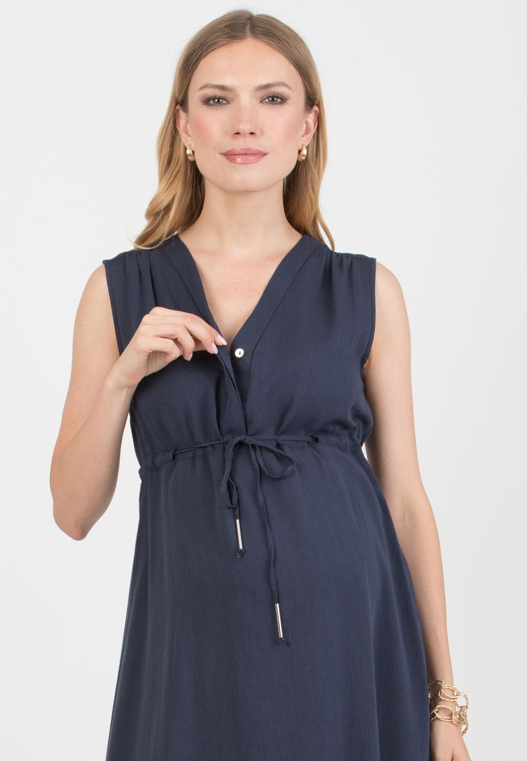 IRENE - Midi Maternity & Nursing Dress in Tencel with Drawstring (Blu)