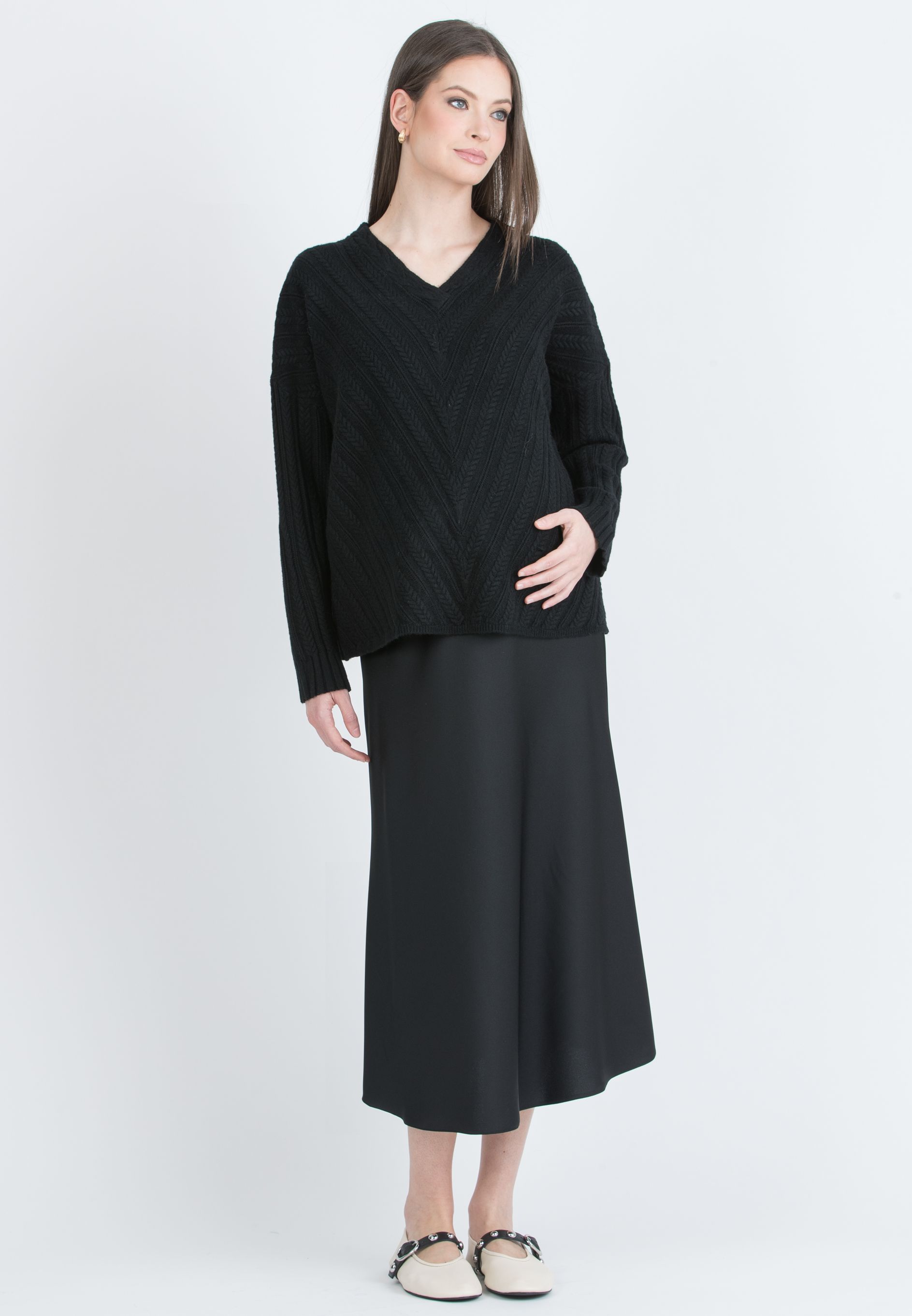 PIA – Flared Maternity Skirt in Satin (Nero)