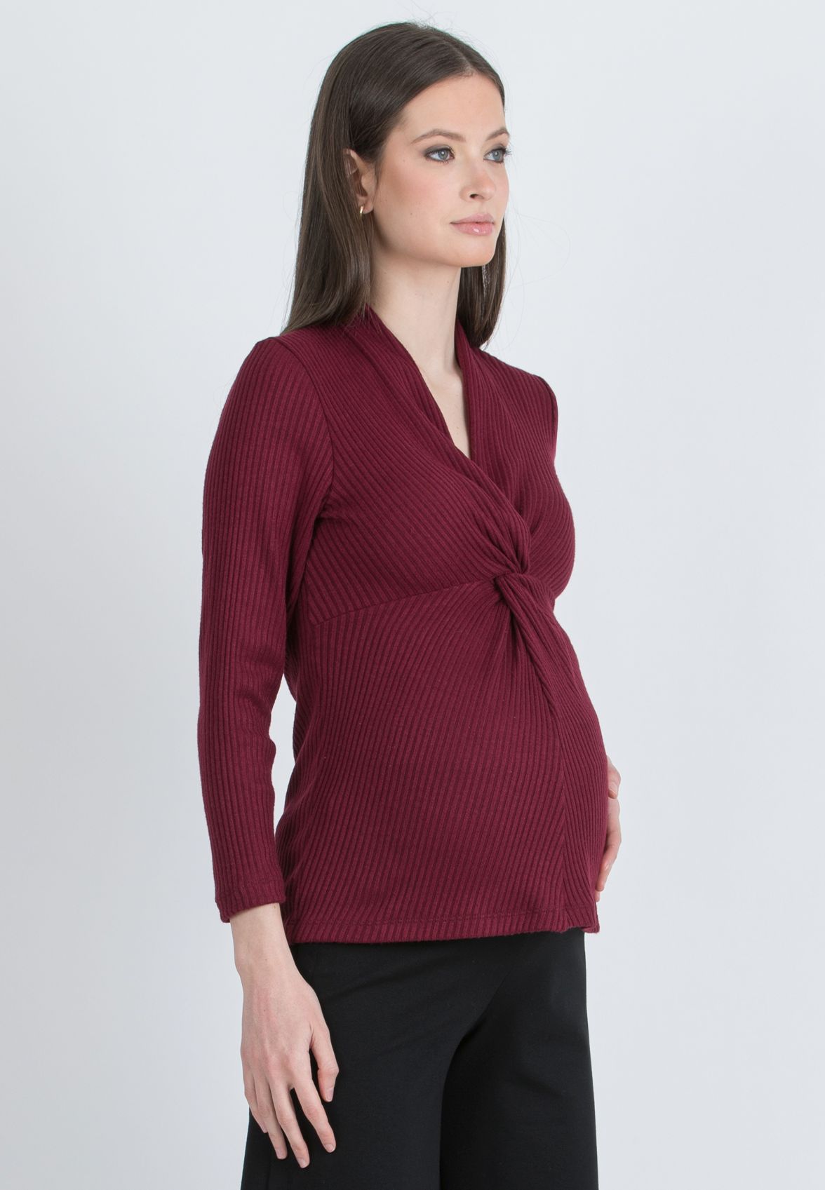 ISSA M – Maternity & Nursing Ribbed Knit Top with Knot Detail (Bordeaux)