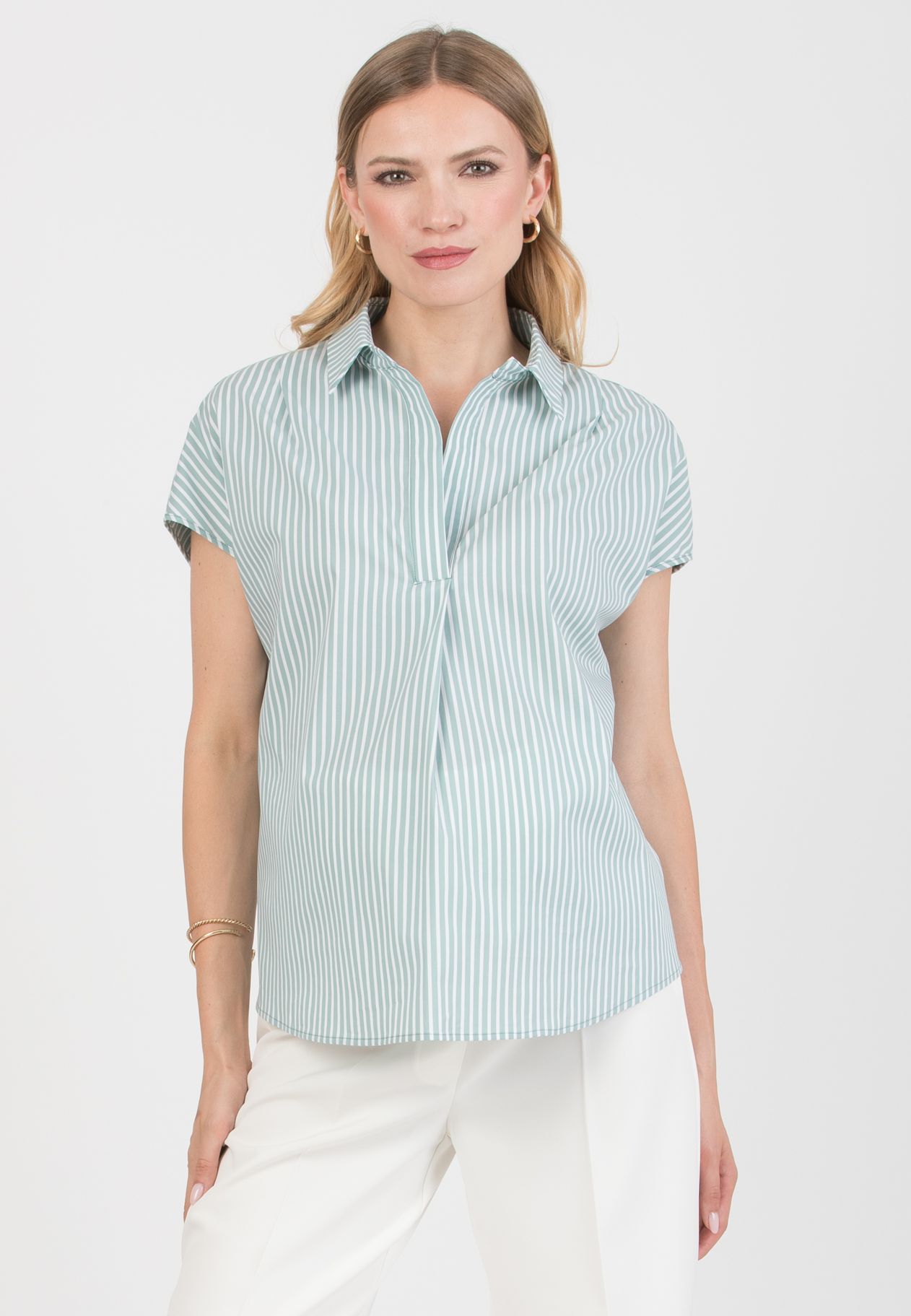 OLIVIA M/M – Oversized Maternity Shirt in Striped Cotton Poplin (Verde Salvia)