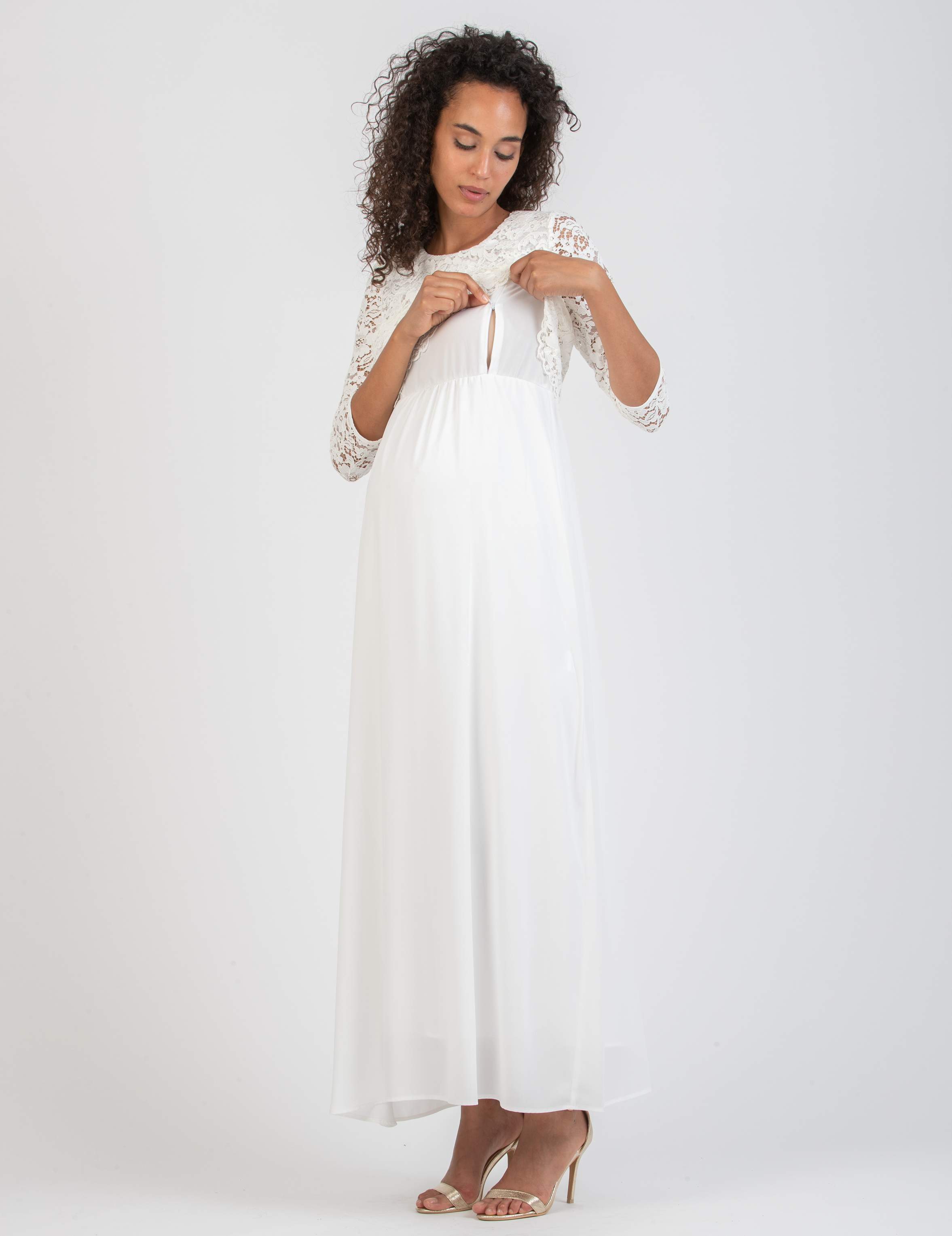 ELEONORA MAXI - Maternity & Nursing Dress in Lace and Chiffon (Avorio)