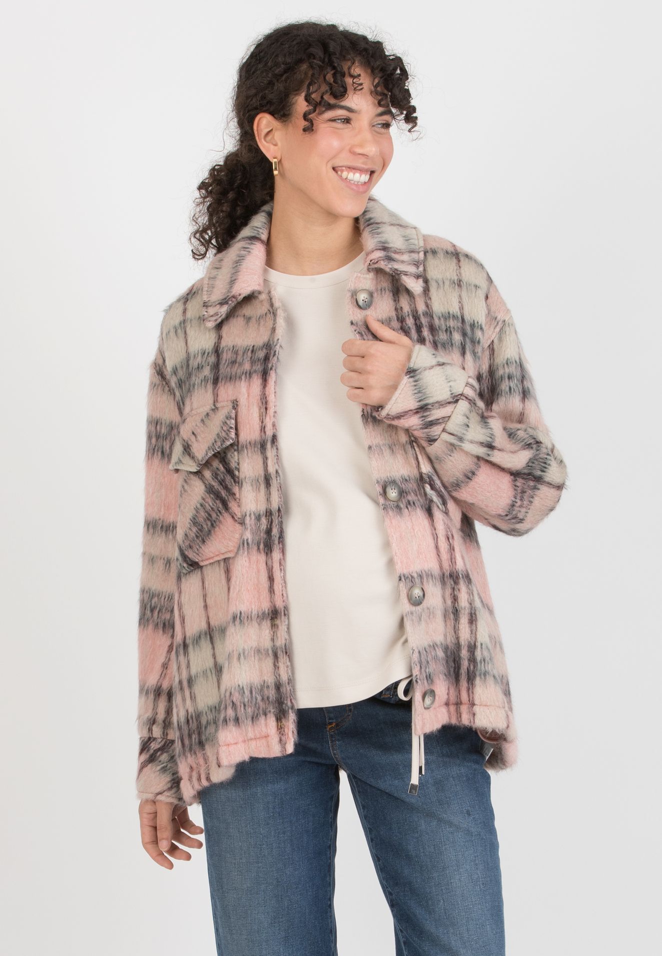 INDIA C – Short Maternity Coat in Virgin Wool with Pink Check Pattern and Pockets (Rosa)