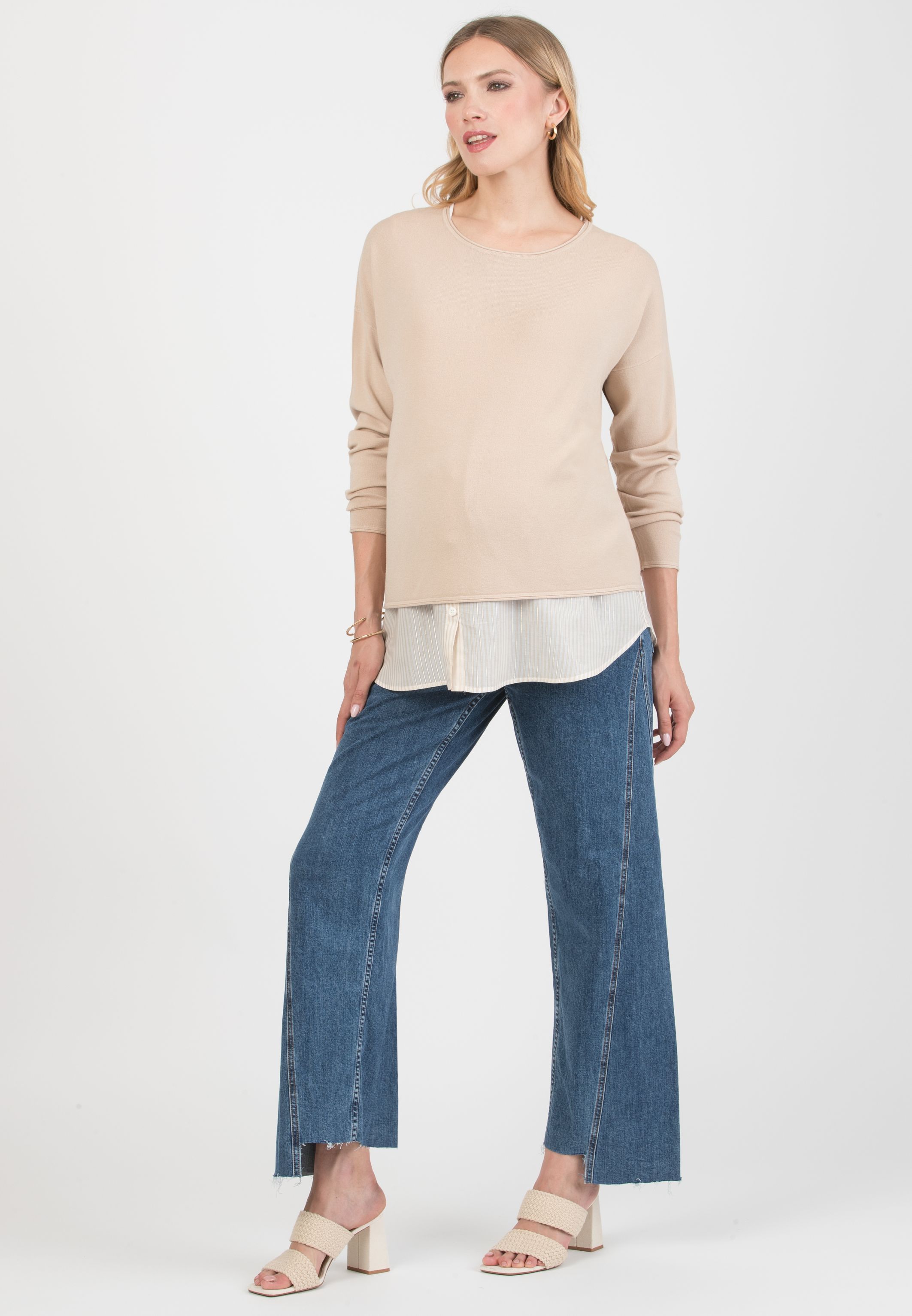 GIOIA R – Maternity & Nursing Sweater with Matching Striped Top (Beige)