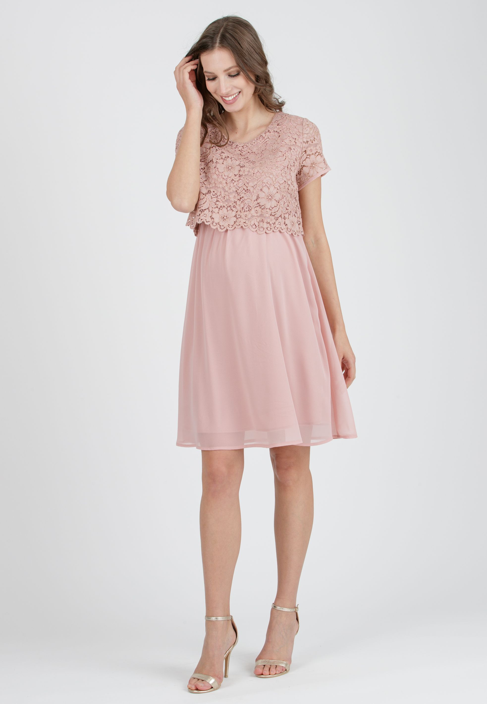 ELEONORA M/M GRS - Maternity & Nursing Dress in Lace and Recycled Chiffon (Cipria)