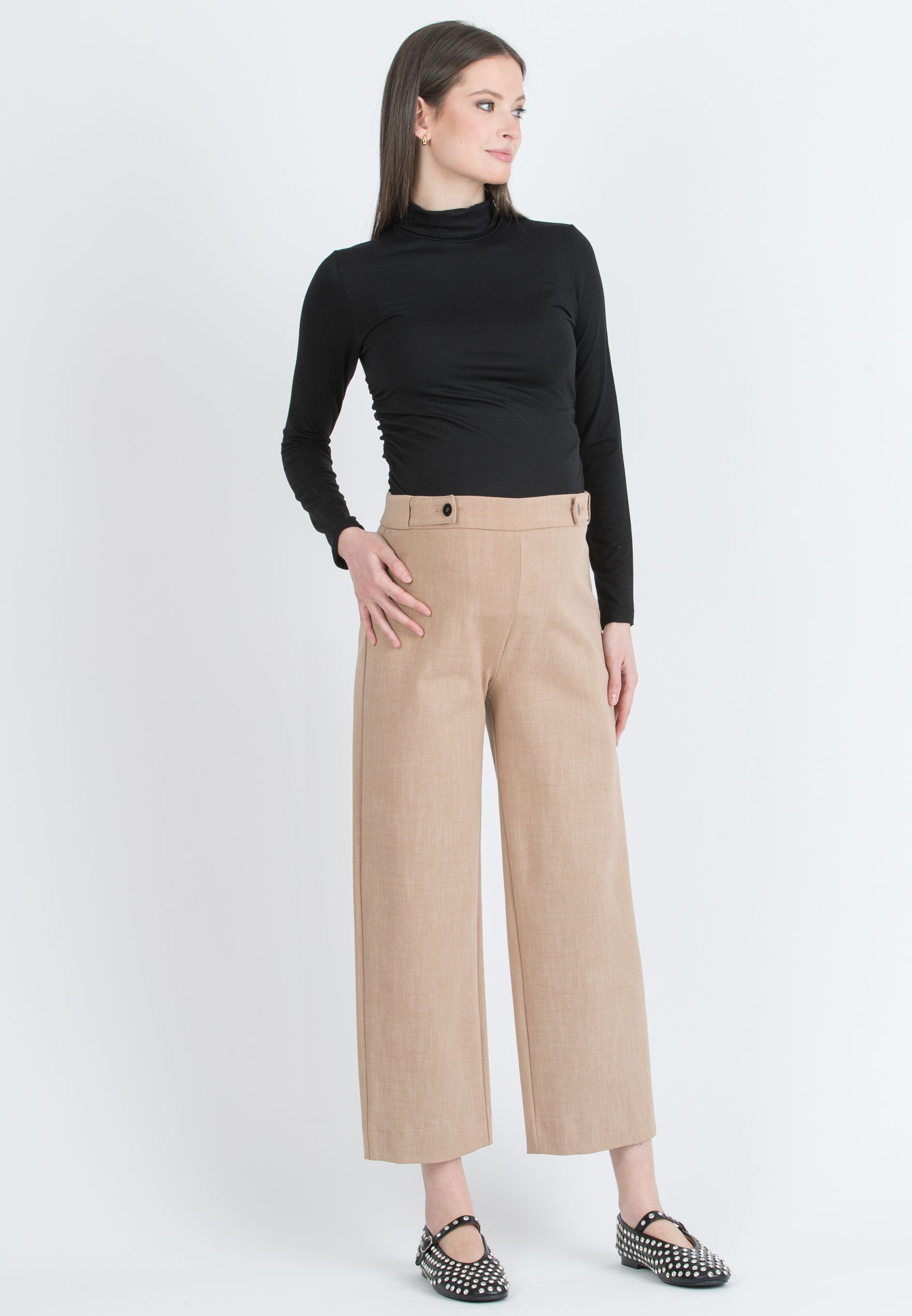 EVAN - Wide-leg Cropped Maternity Trousers with Adjustable Button Waist (Cammello)