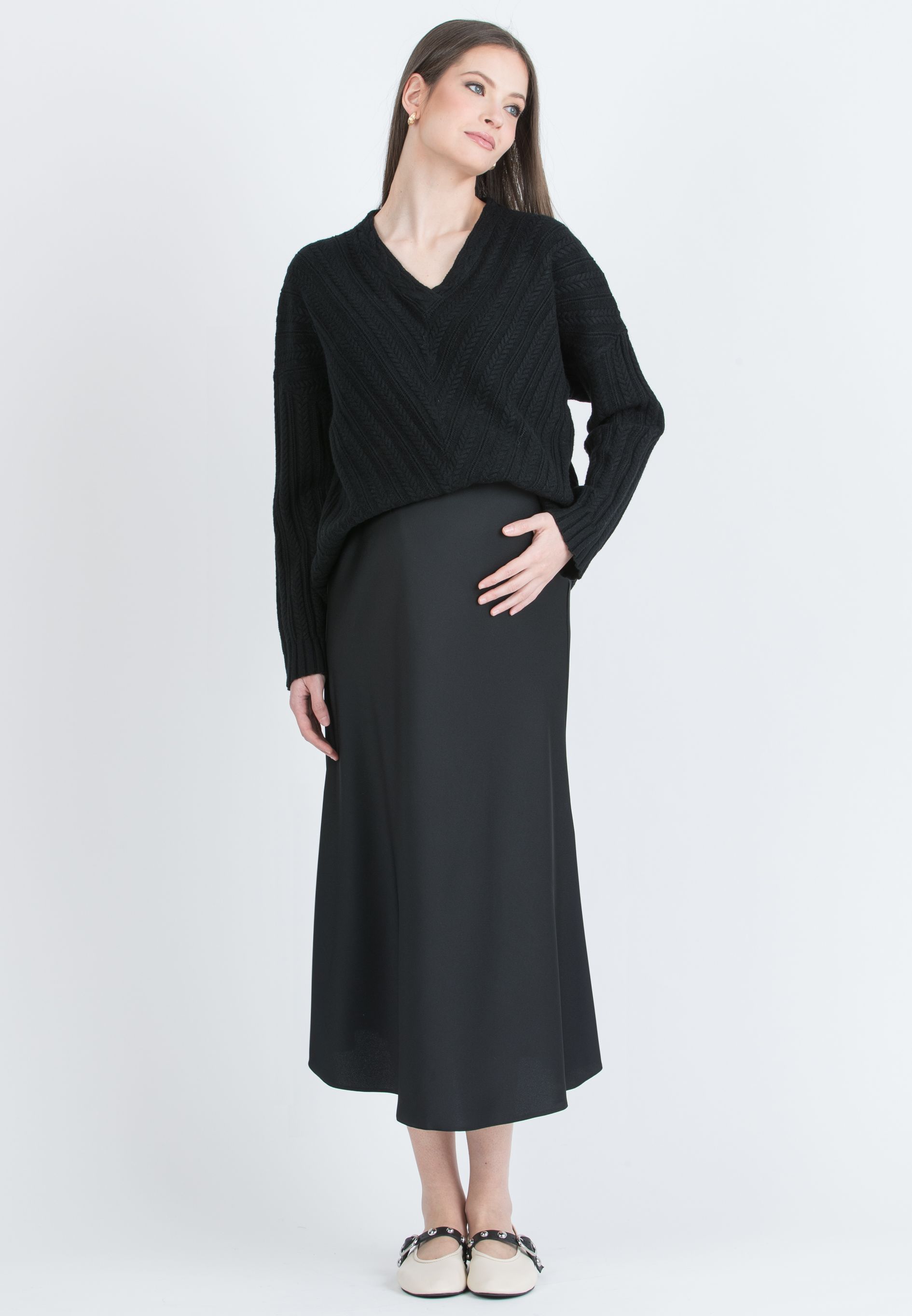 PIA – Flared Maternity Skirt in Satin (Nero)