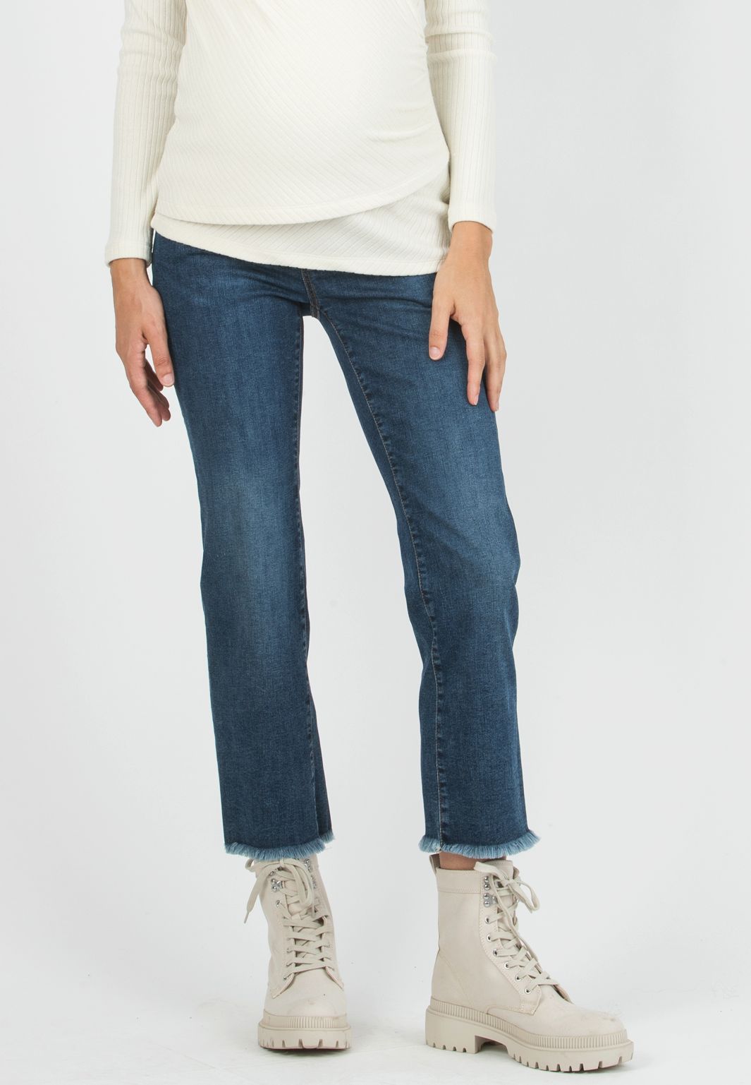 GIADA NAVY - Cropped Straight Maternity Jeans with Fringed Hem (Blu)
