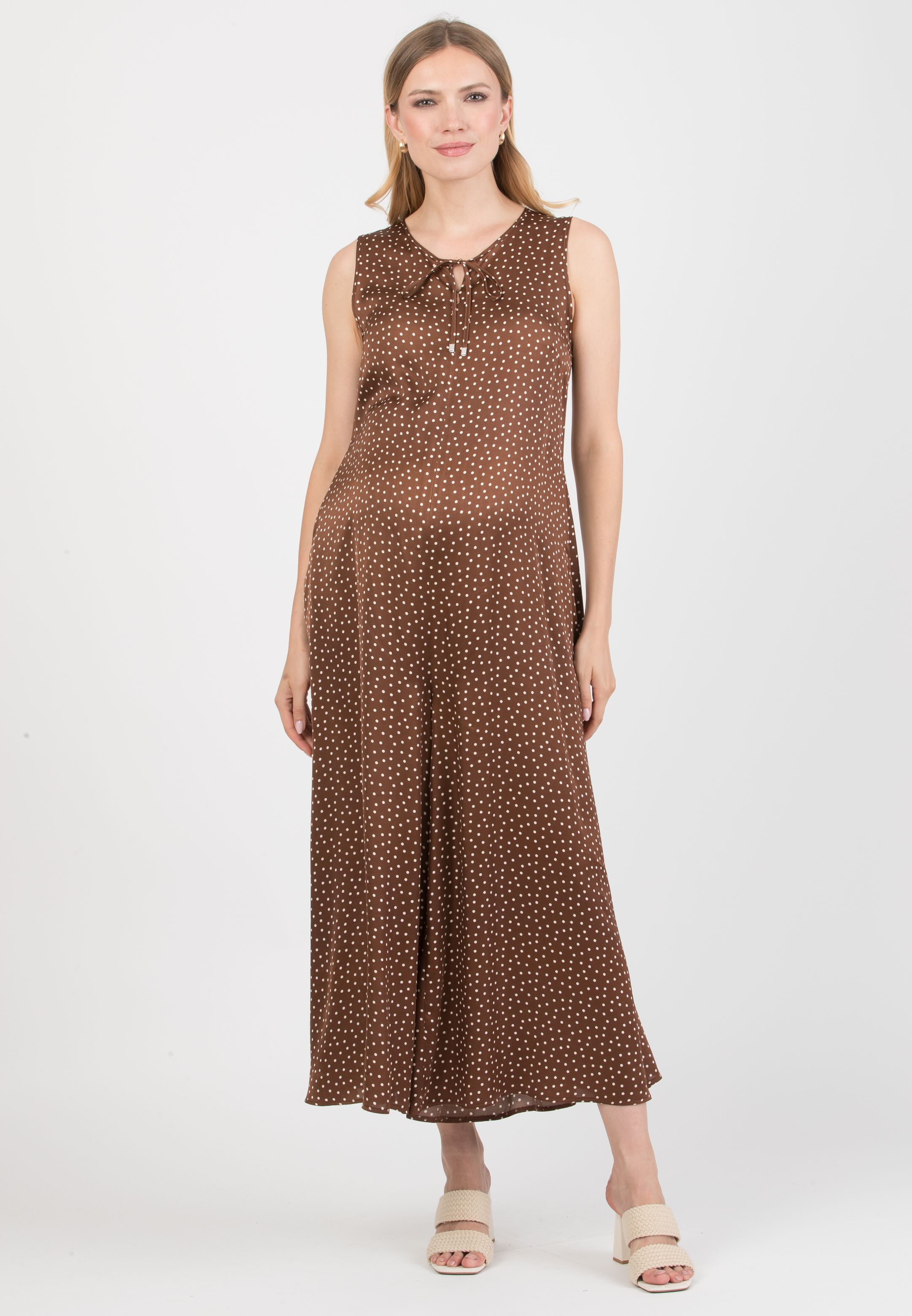 MIRANDA P - Maternity Polka-Dot Viscose Jumpsuit with V-Neck and Front Zip (Marrone)