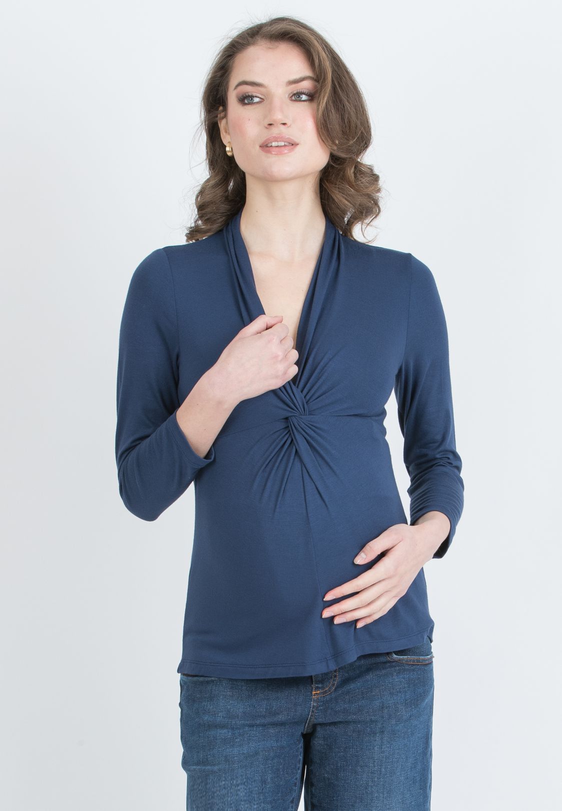 ISSA J – Maternity & Nursing Top in Stretch Viscose Jersey with Front Knot (Blu)