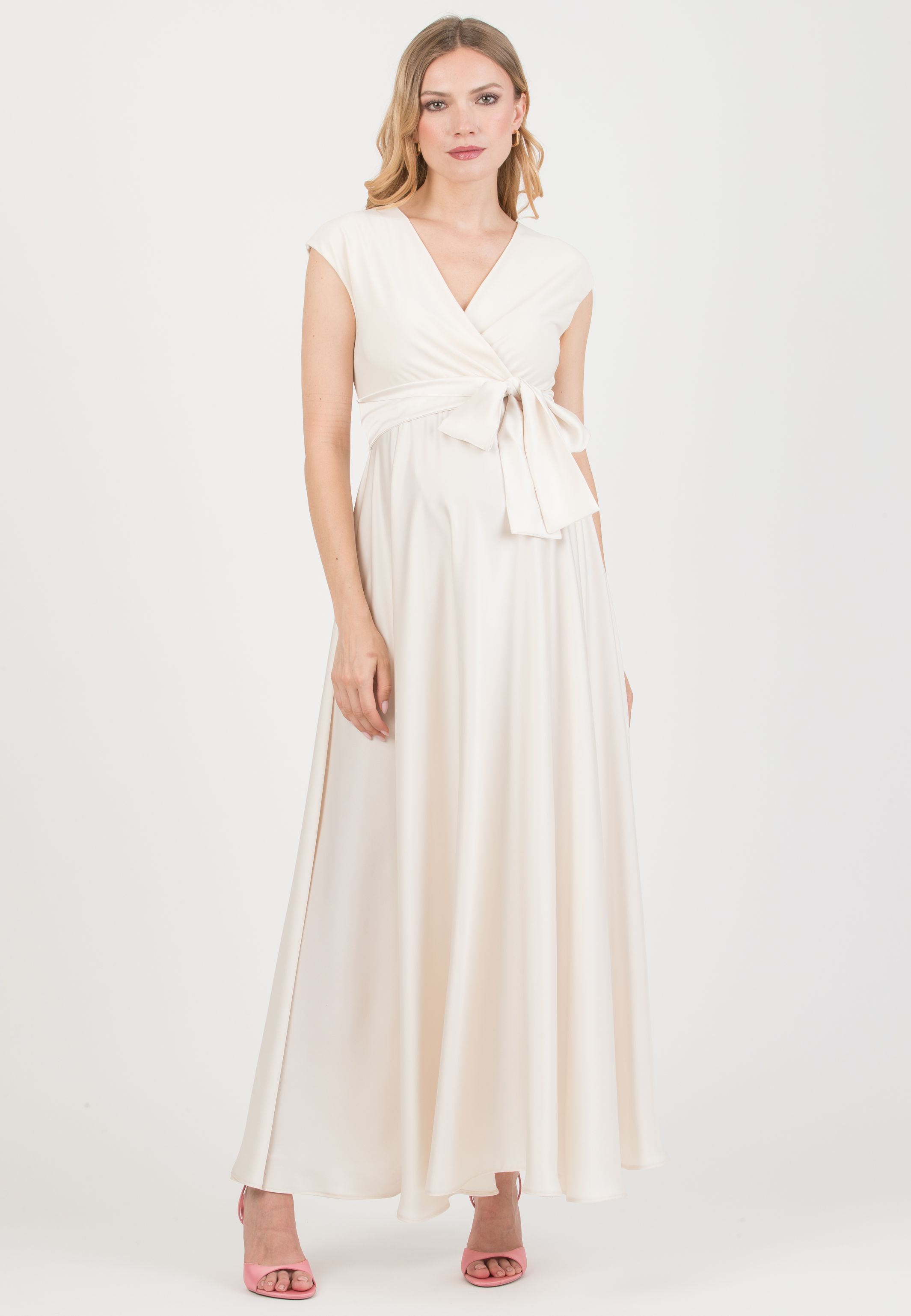 LUCREZIA - Maternity & Nursing Maxi Dress with Satin Skirt (Naturale)
