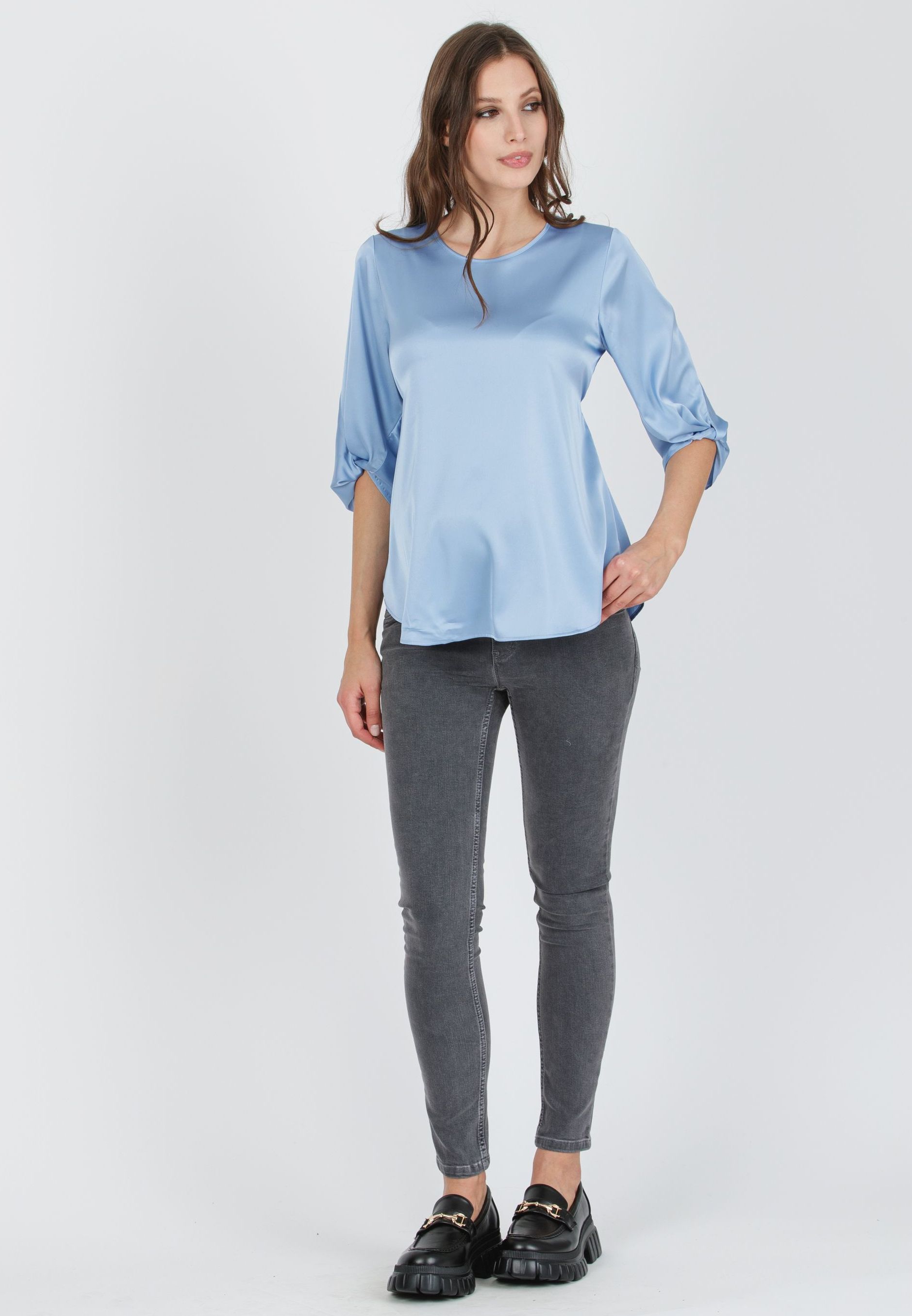 SYDNEY - Maternity Satin Blouse with Knot on Sleeve Bottom (Azzurro)