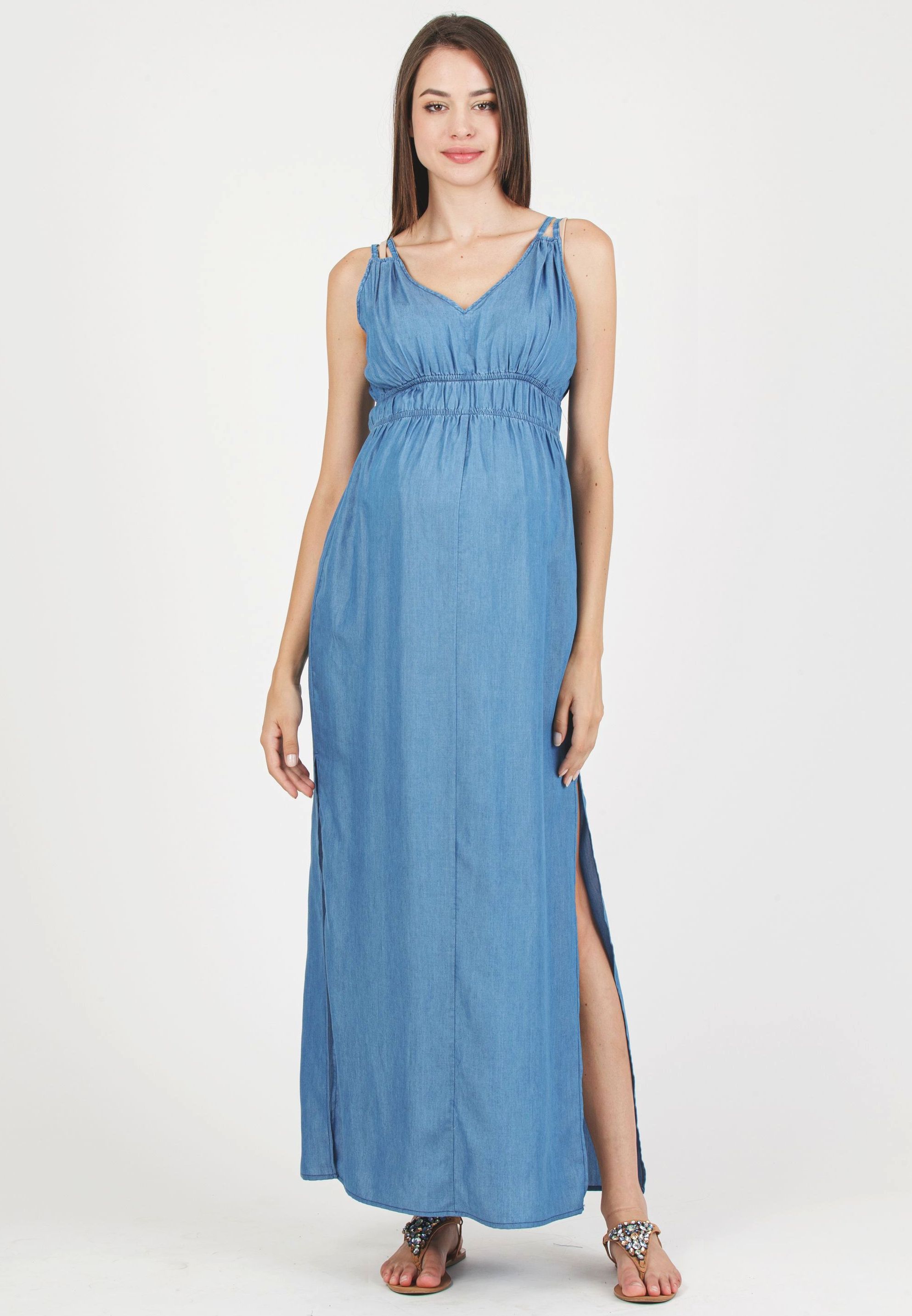 ATHENA - Maternity Maxi Dress in Tencel with Double Straps (Denim)