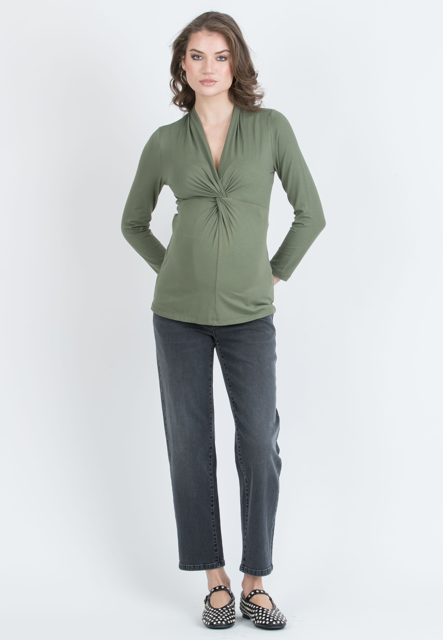 ISSA J – Maternity & Nursing Top in Stretch Viscose Jersey with Front Knot (Verde Militare)