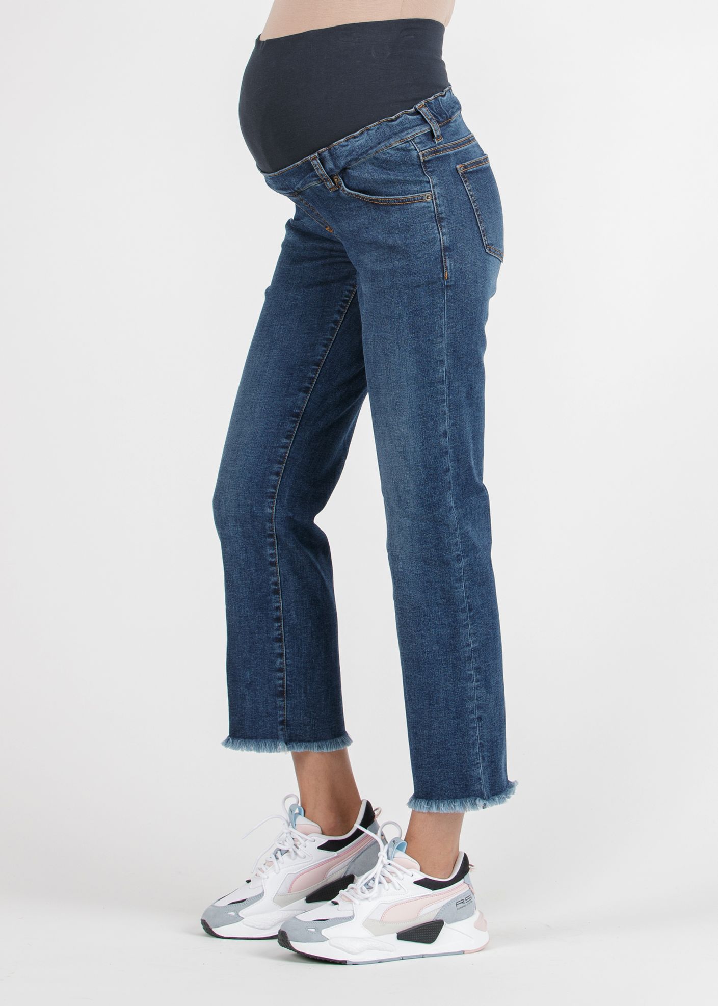 GIADA NAVY - Cropped Straight Maternity Jeans with Fringed Hem (Blu)