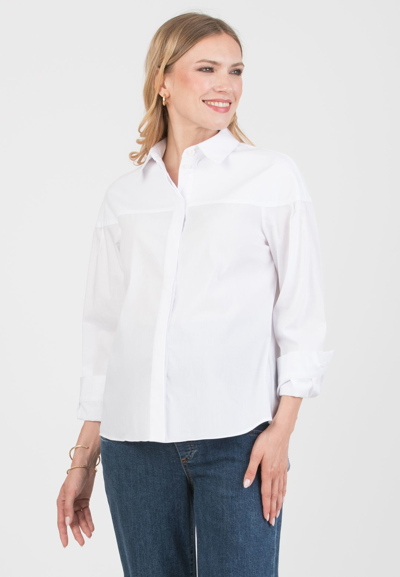 CAROLINA – Stretch Cotton Maternity & Nursing Shirt with Yoke and Cuffs (Bianco  Ottico)
