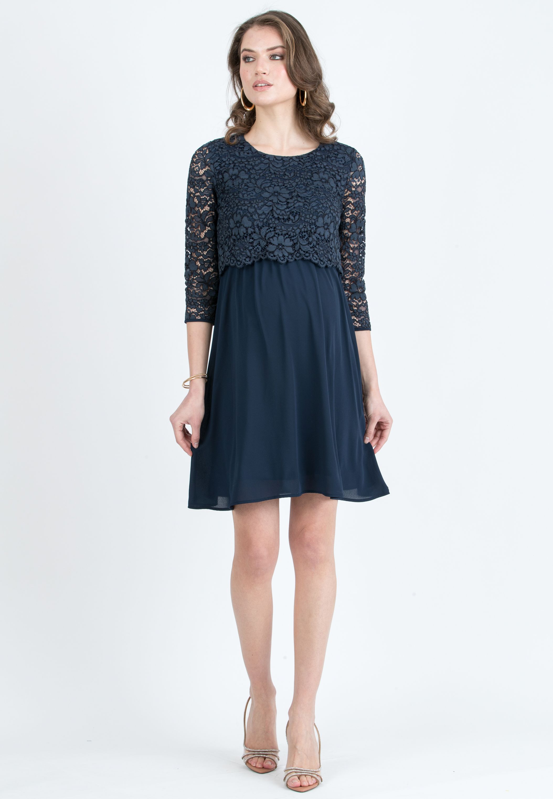 ELEONORA - Lace and Chiffon Maternity & Nursing Dress (Blu Scuro)