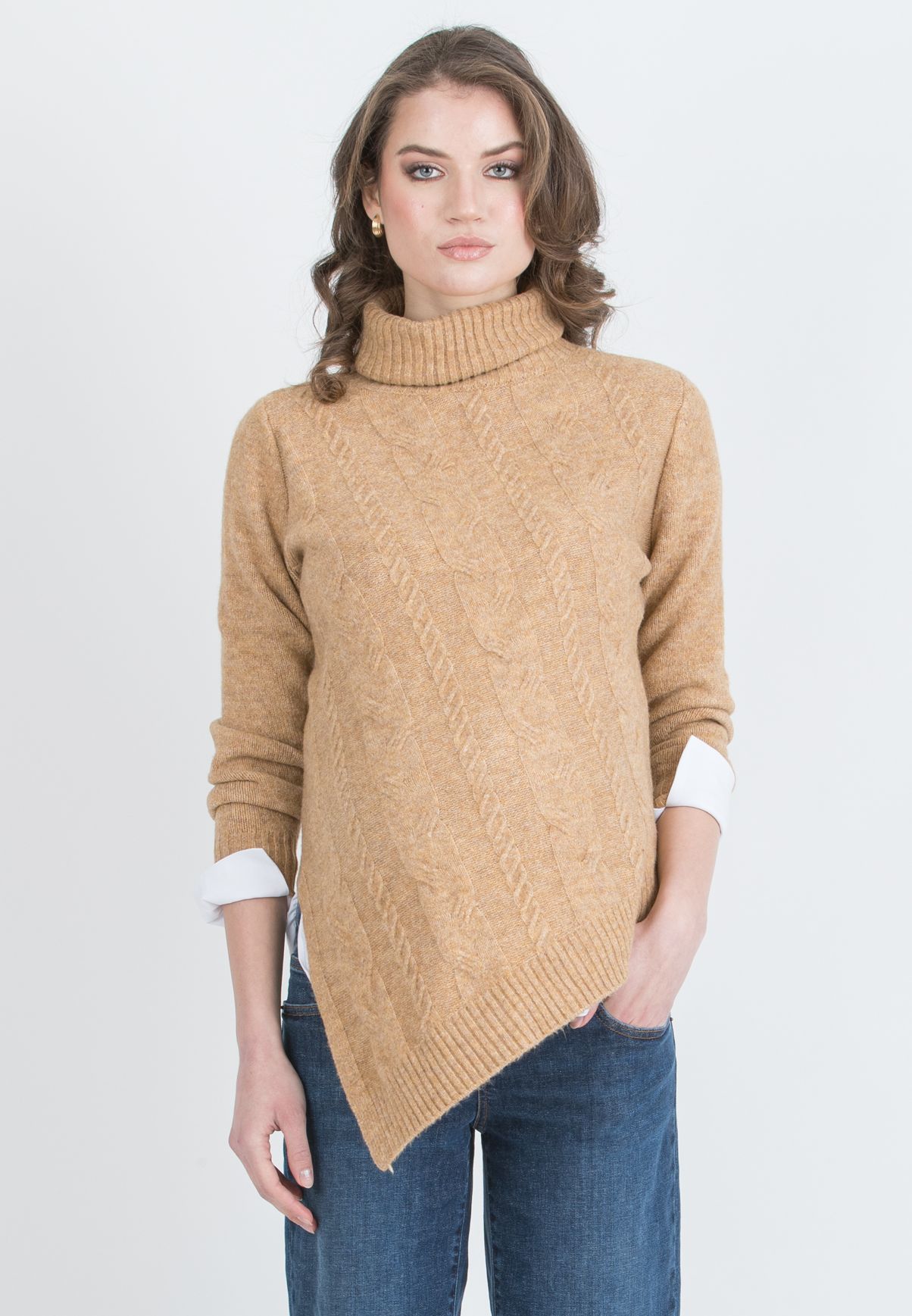 ANDREA - Asymmetric Maternity Jumper with Turtleneck and Cable Knit Detail (Cammello)