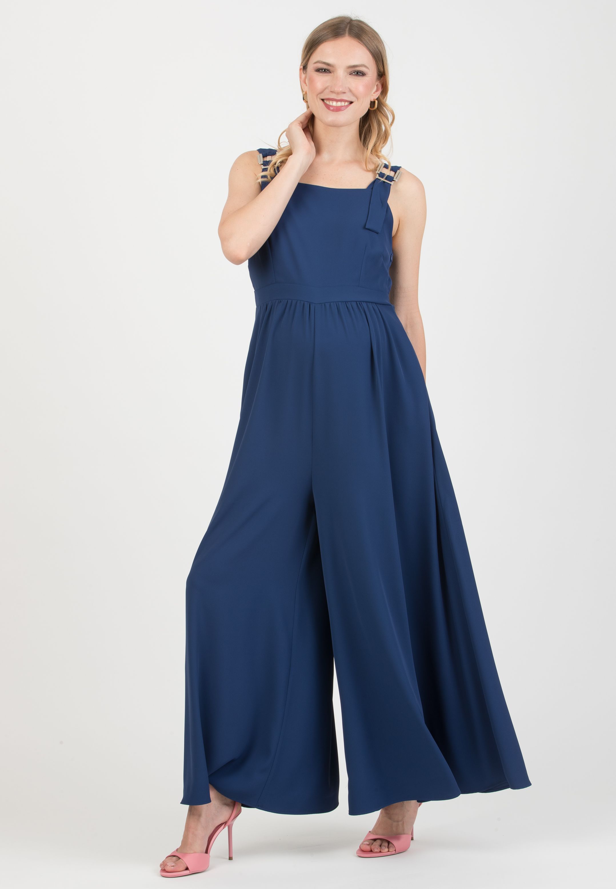 KATE - Maternity & Nursing Dress Jumpsuit with Wide-Leg Trousers (Blu Tampone)