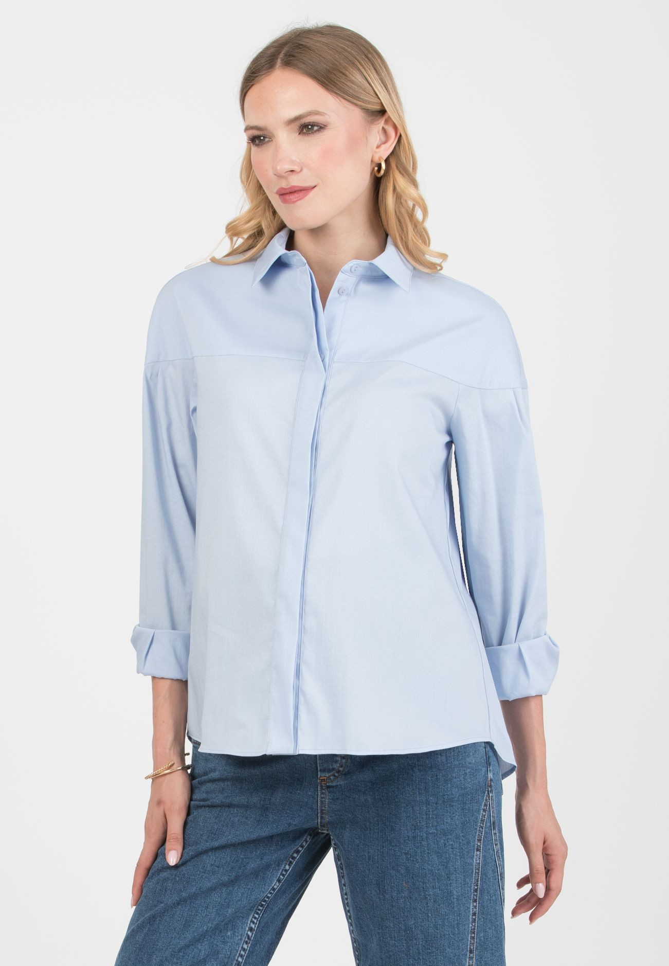 CAROLINA – Stretch Cotton Maternity & Nursing Shirt with Yoke and Cuffs (Azzurro)