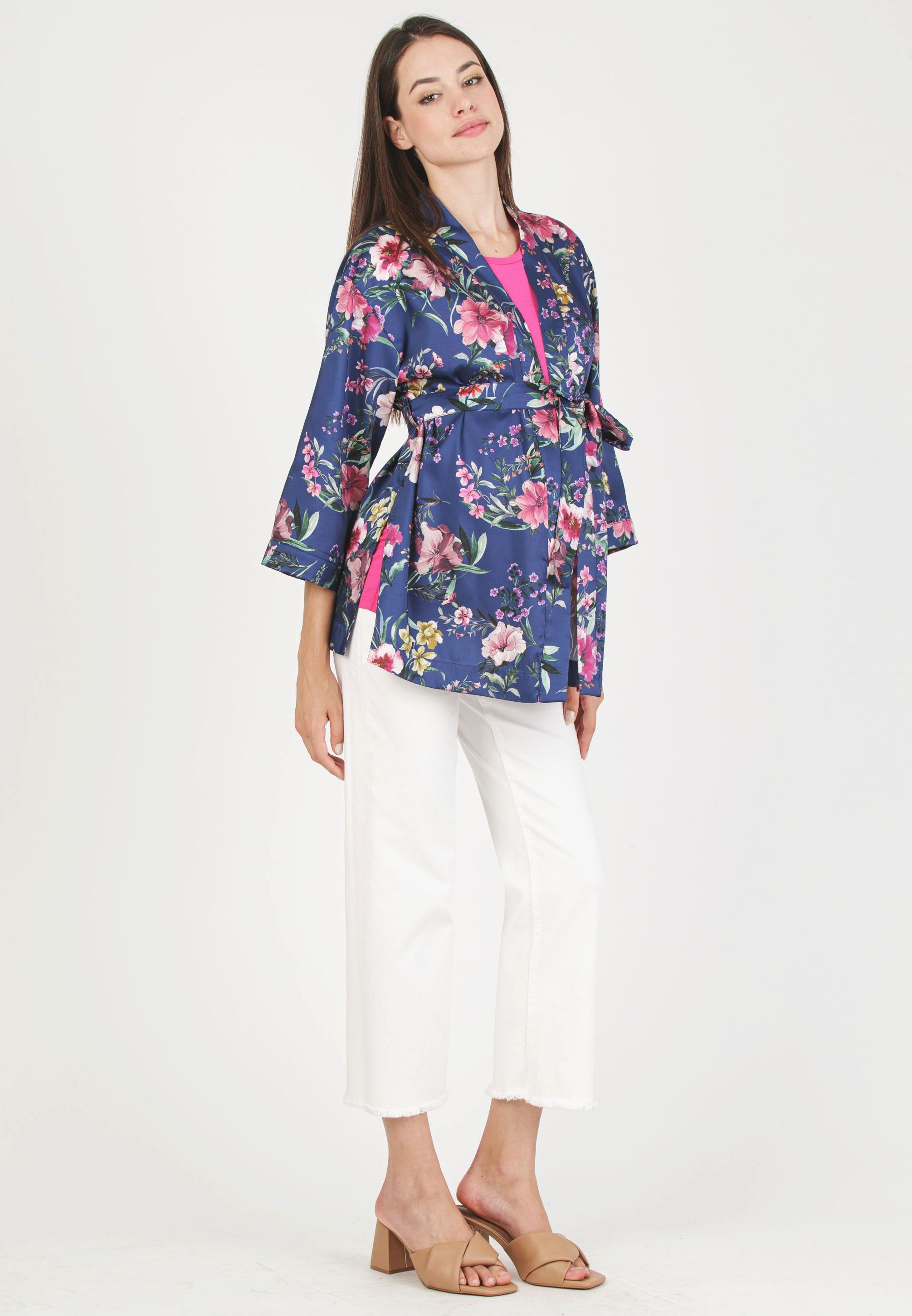 DALIA F - Maternity Kimono in Printed Satin (Blu)
