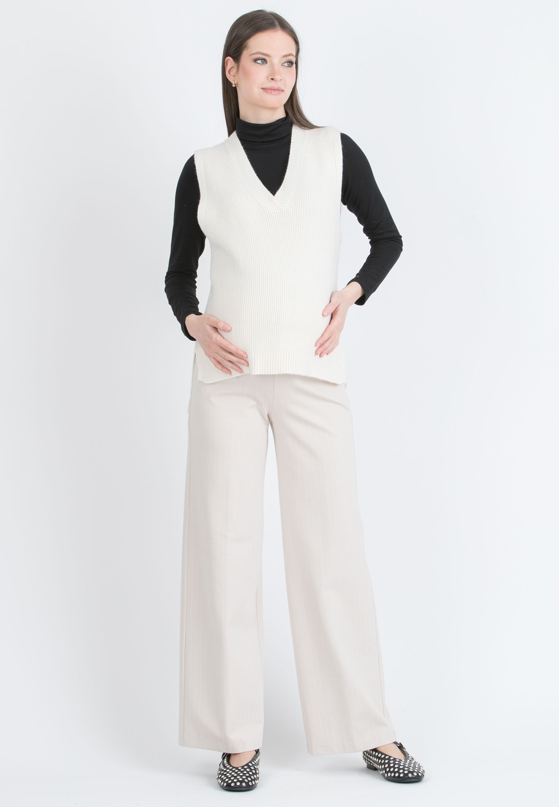 KIMBERLY G – Maternity Palazzo Trousers in Pinstripe Winter Punto Milano (Avorio)