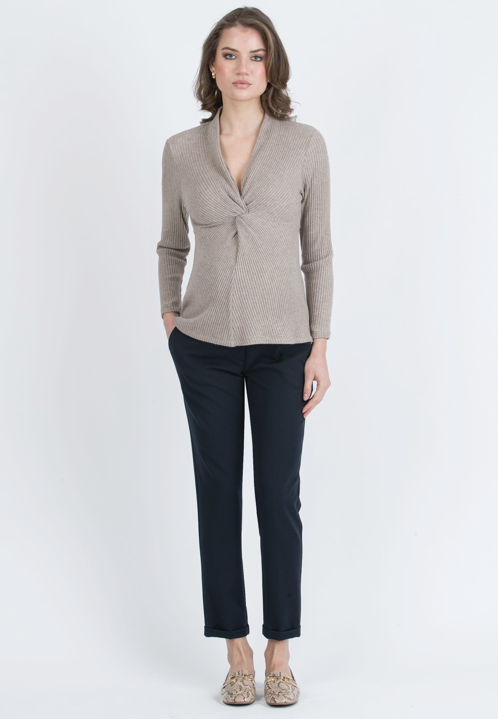 ISSA M – Maternity & Nursing Ribbed Knit Top with Knot Detail (Marrone Melange)