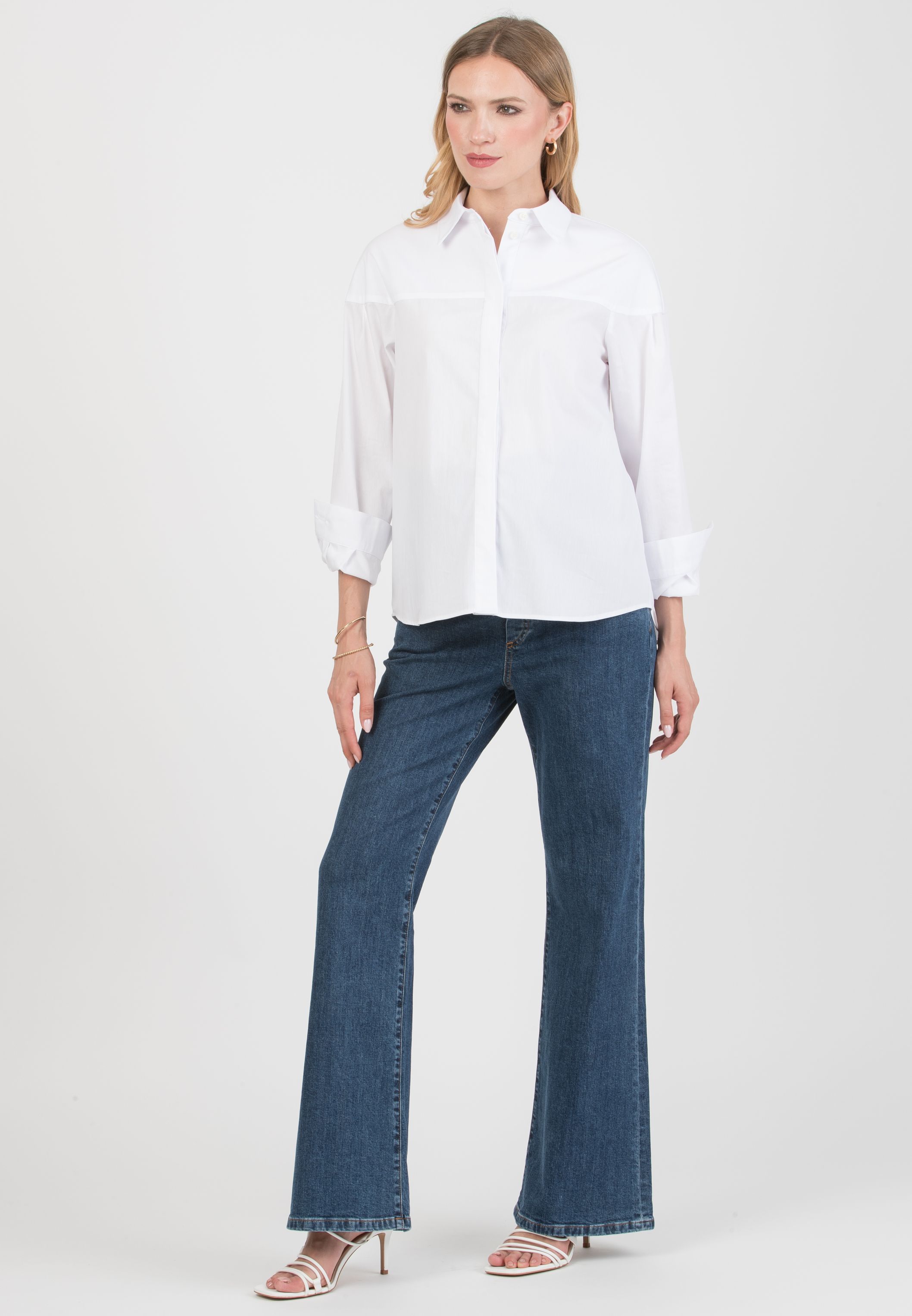 CAROLINA – Stretch Cotton Maternity & Nursing Shirt with Yoke and Cuffs (Bianco  Ottico)