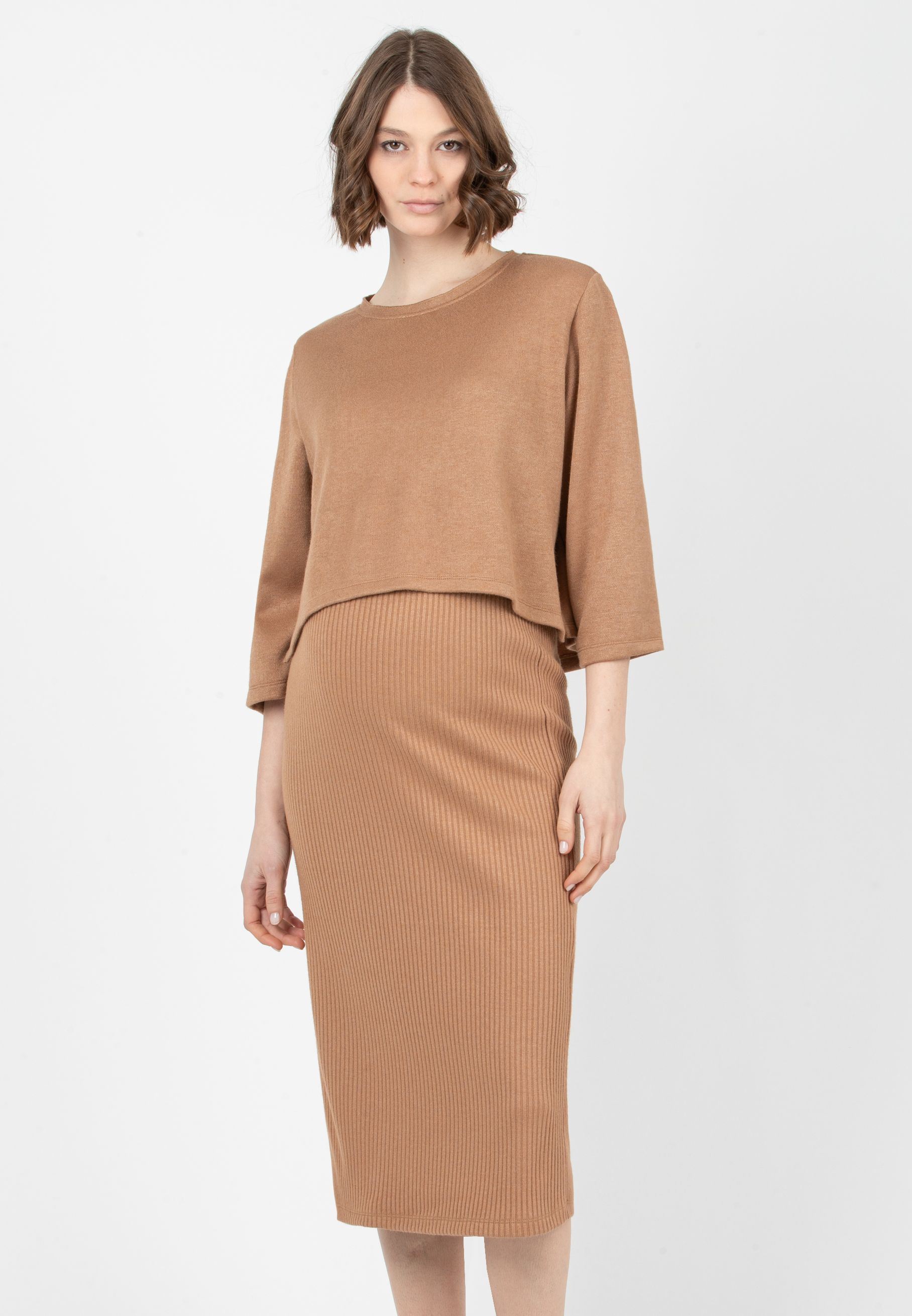 VERA -  Ribbed Knit Pencil Skirt (Cammello)