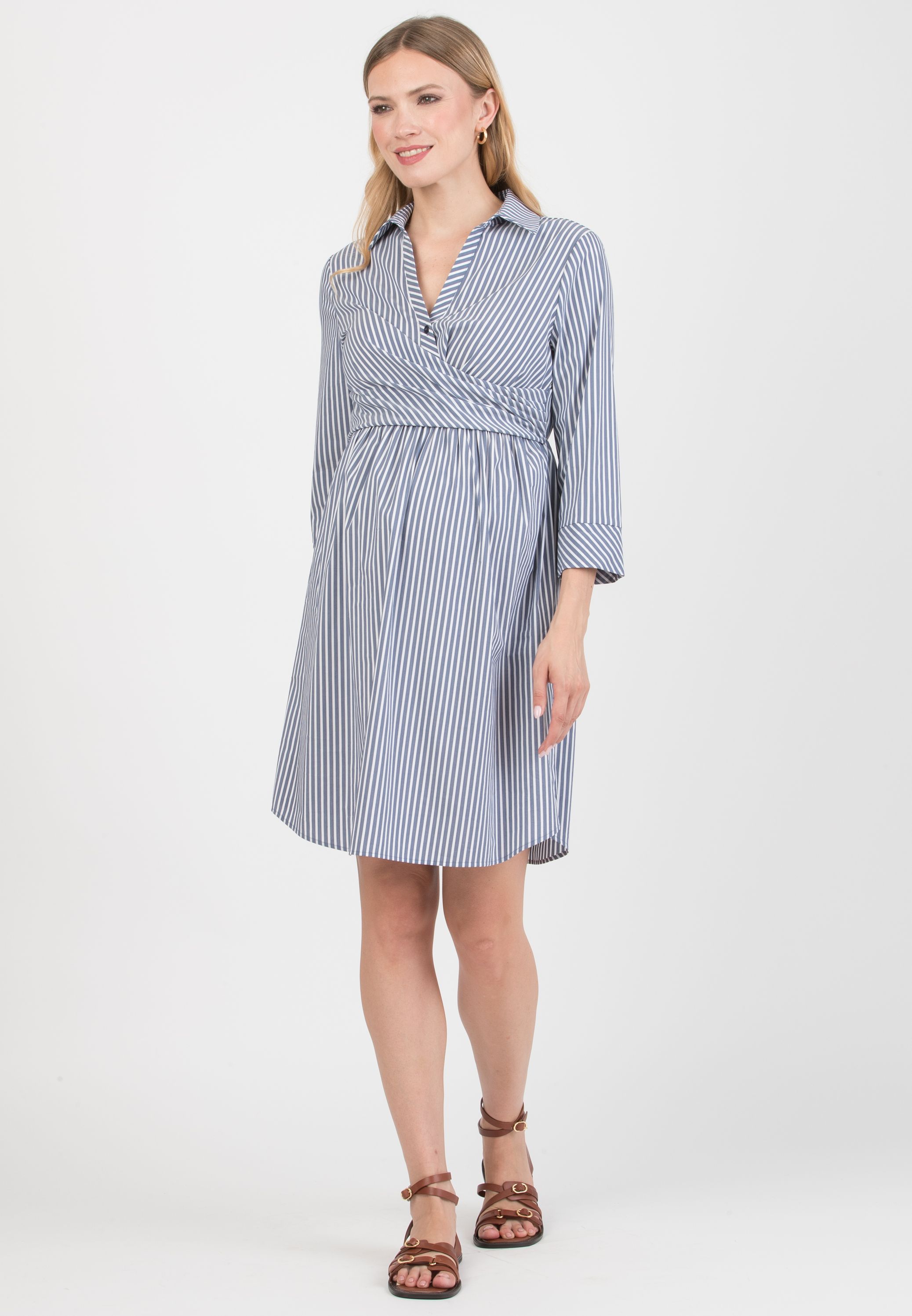 EMANUELA - Maternity & Nursing Striped Cotton Dress with Waistband (Blu)