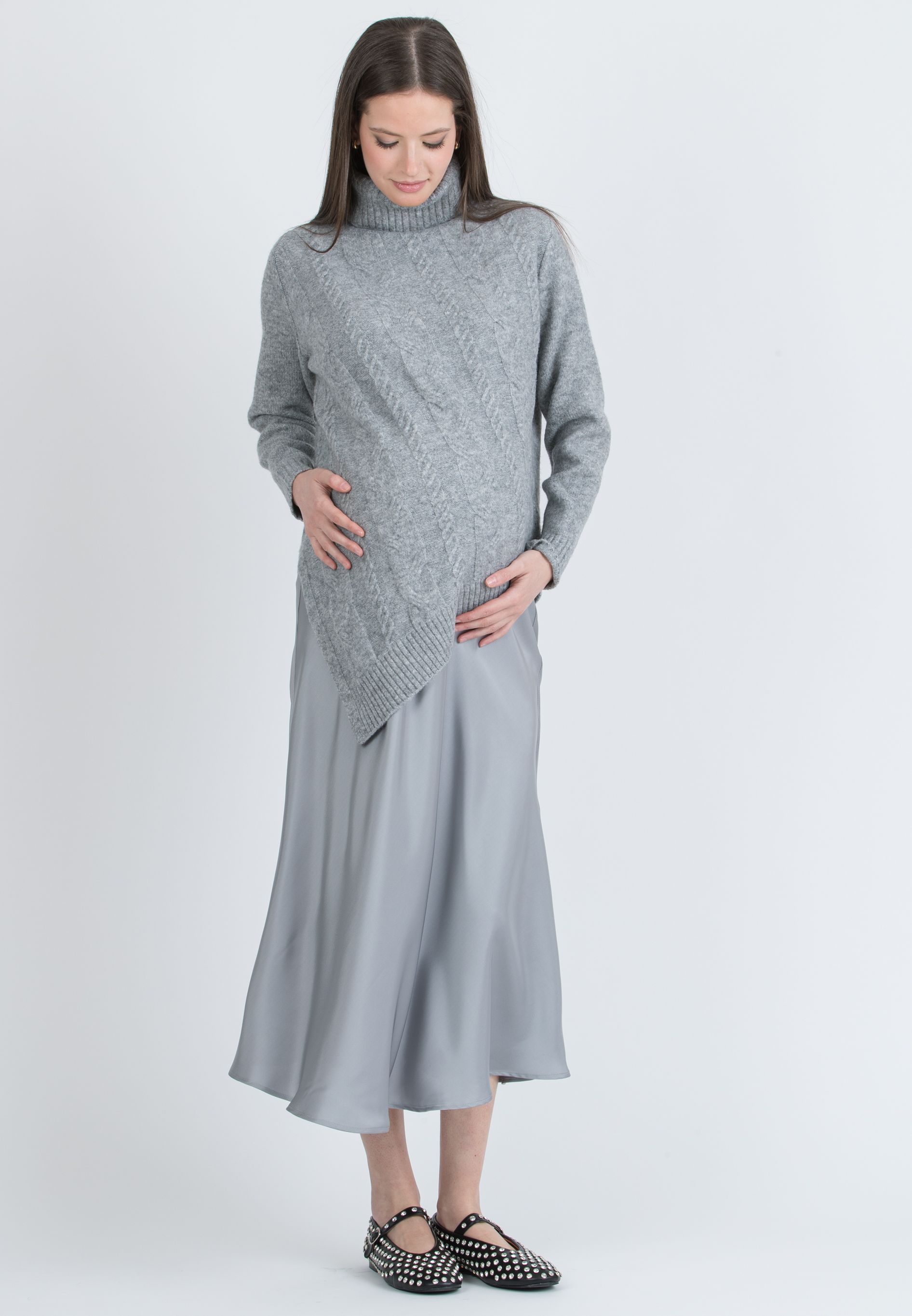 ANDREA - Asymmetric Maternity Jumper with Turtleneck and Cable Knit Detail (Grigio Chiaro)