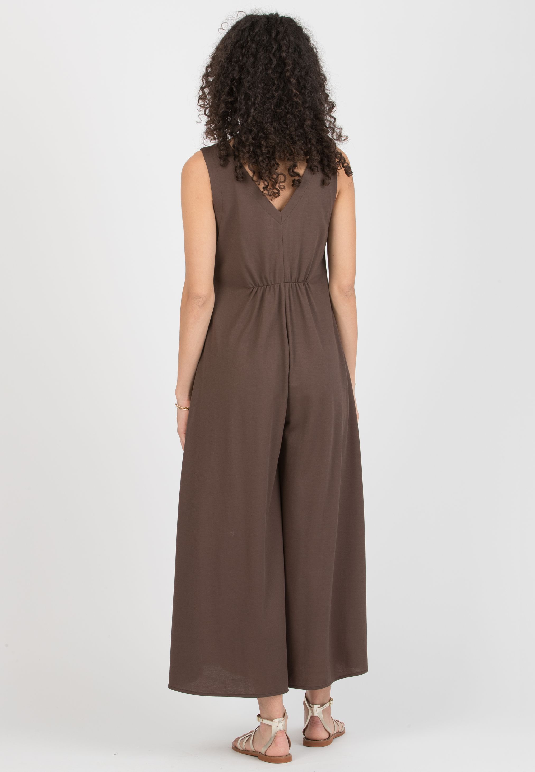 MIRANDA – Maternity Viscose Piqué Jumpsuit with V-Neck and Front Zip (Marrone)
