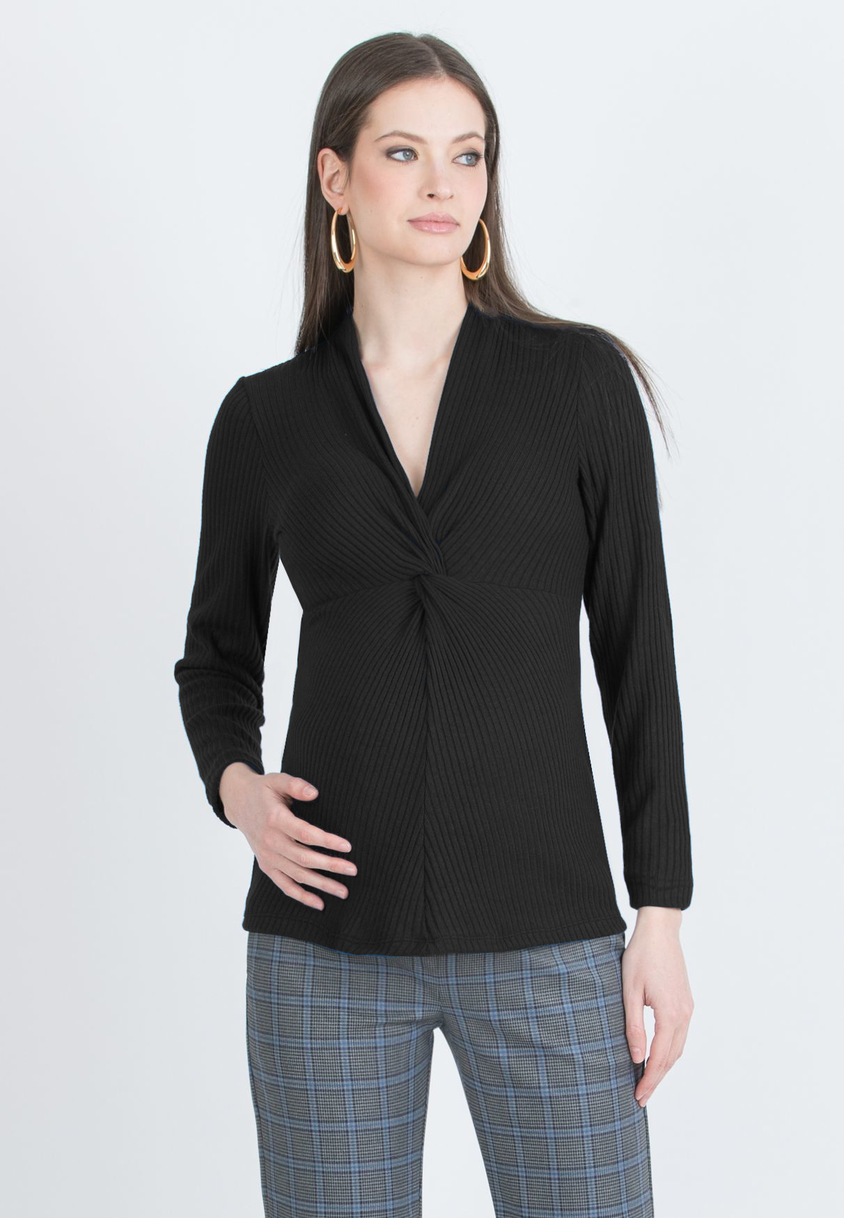 ISSA M – Maternity & Nursing Ribbed Knit Top with Knot Detail (Nero)
