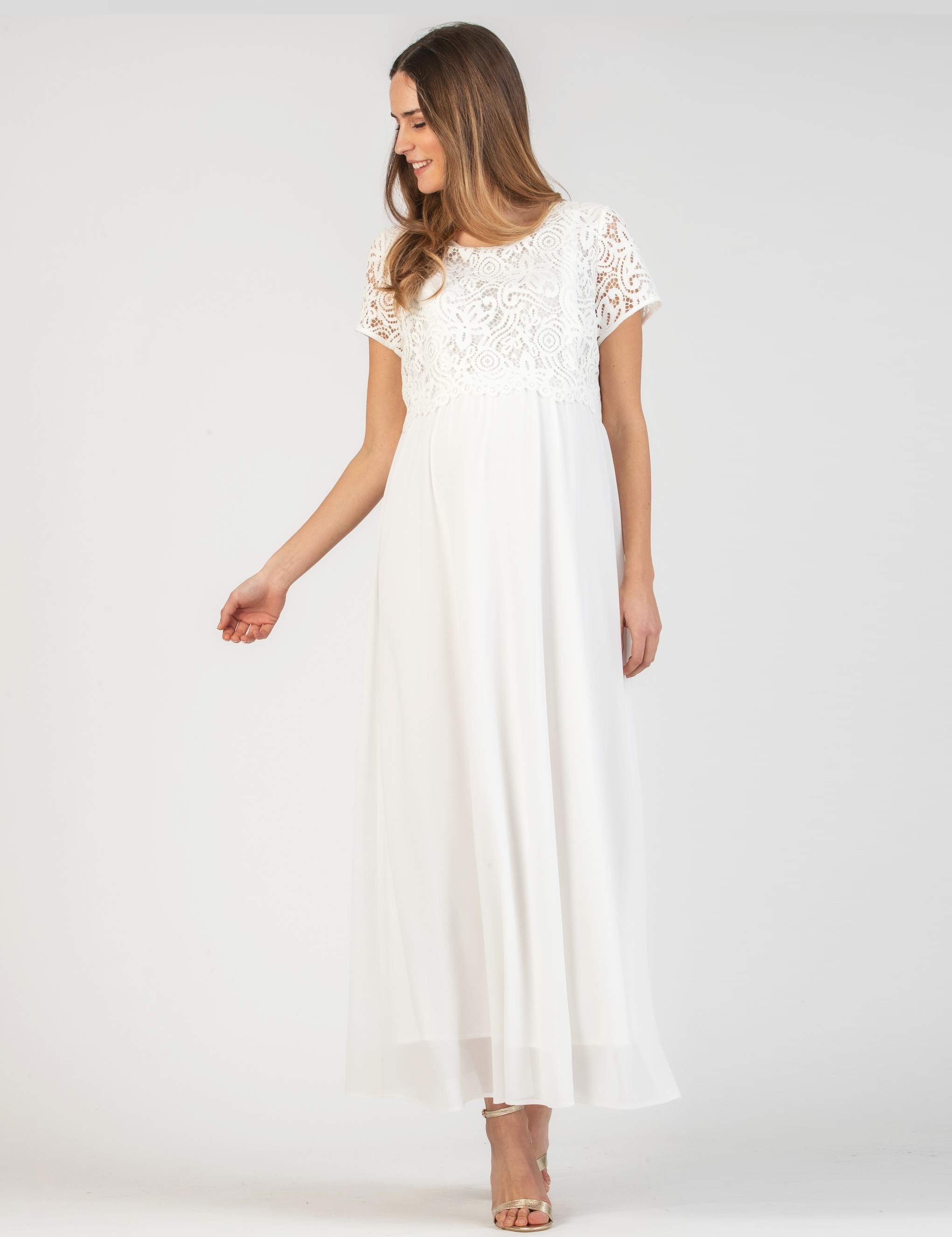 AURORA MAXI - Embroidered Long Maternity & Nursing Dress in Lace (Avorio)
