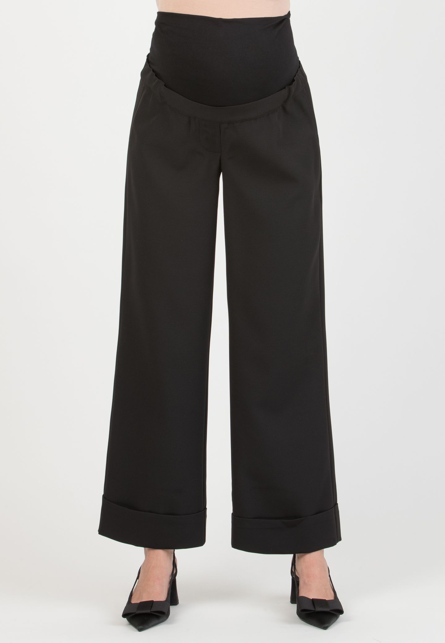 ROBY – Maternity Palazzo Trousers in Cady with Turn-Up Hem (Nero)