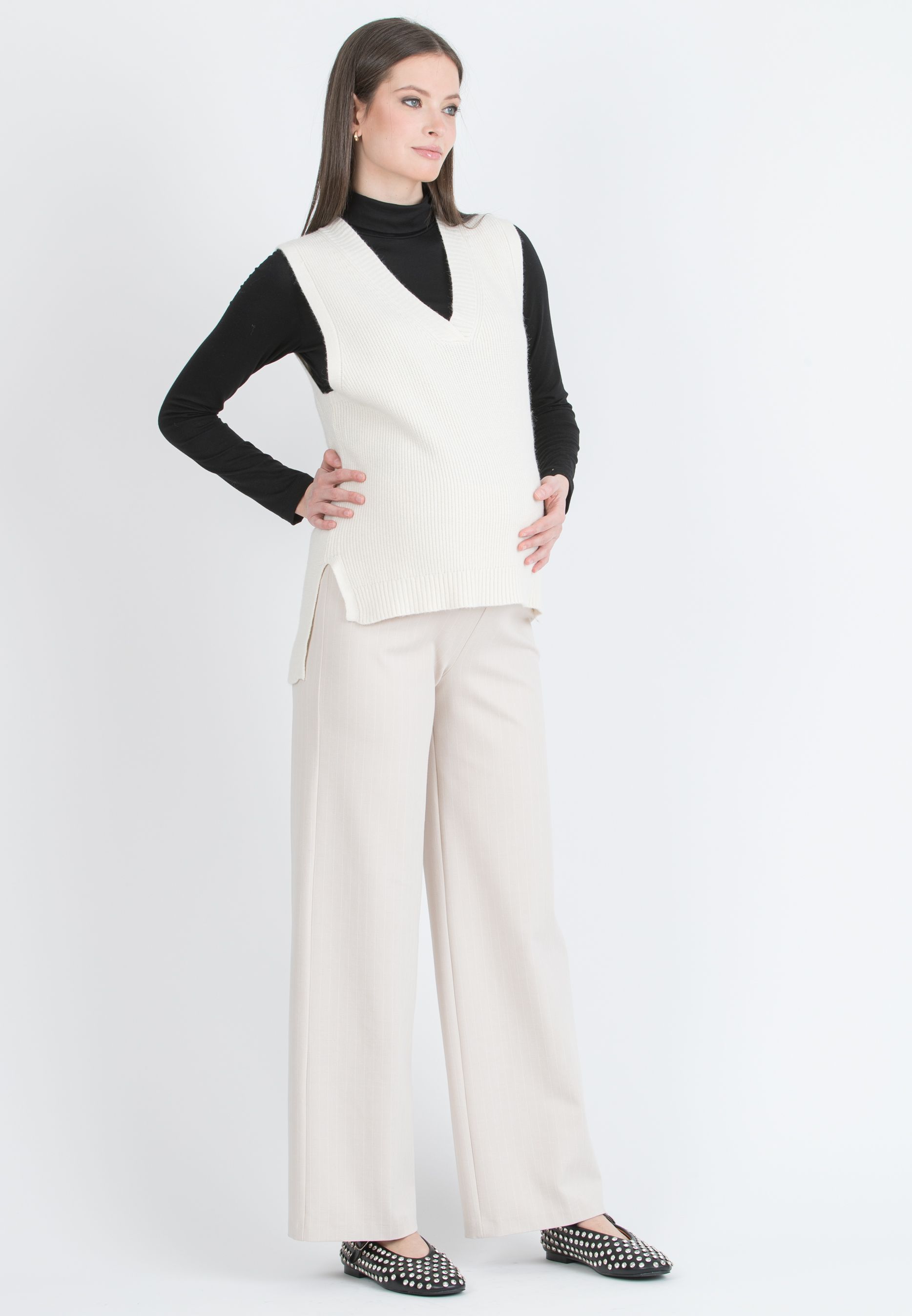 KIMBERLY G – Maternity Palazzo Trousers in Pinstripe Winter Punto Milano (Avorio)