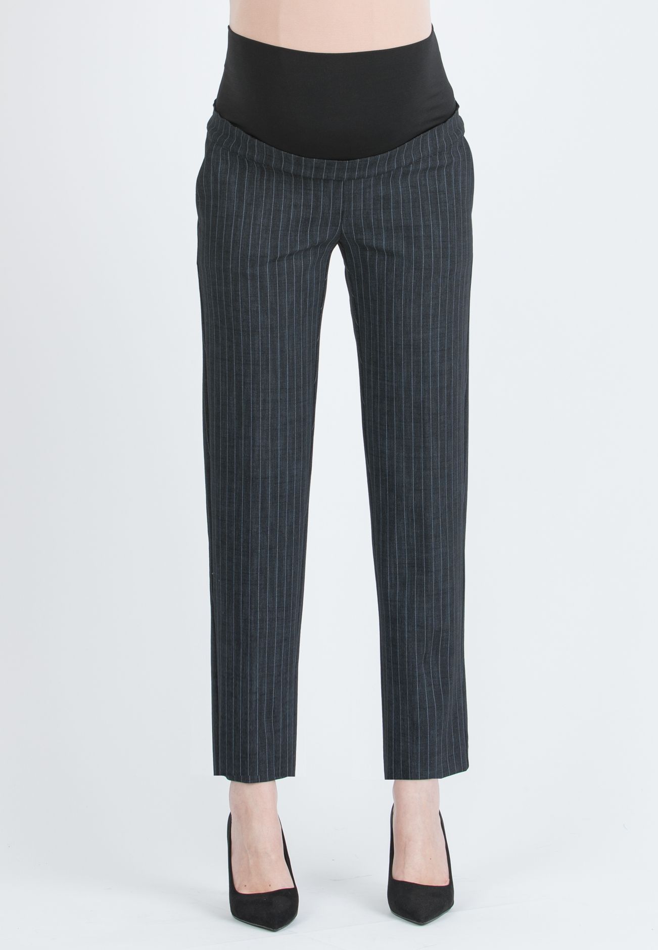 ELISA G - Maternity Tailored Slim Trousers in Warm Ponte di Roma with Pinstripe (Nero)