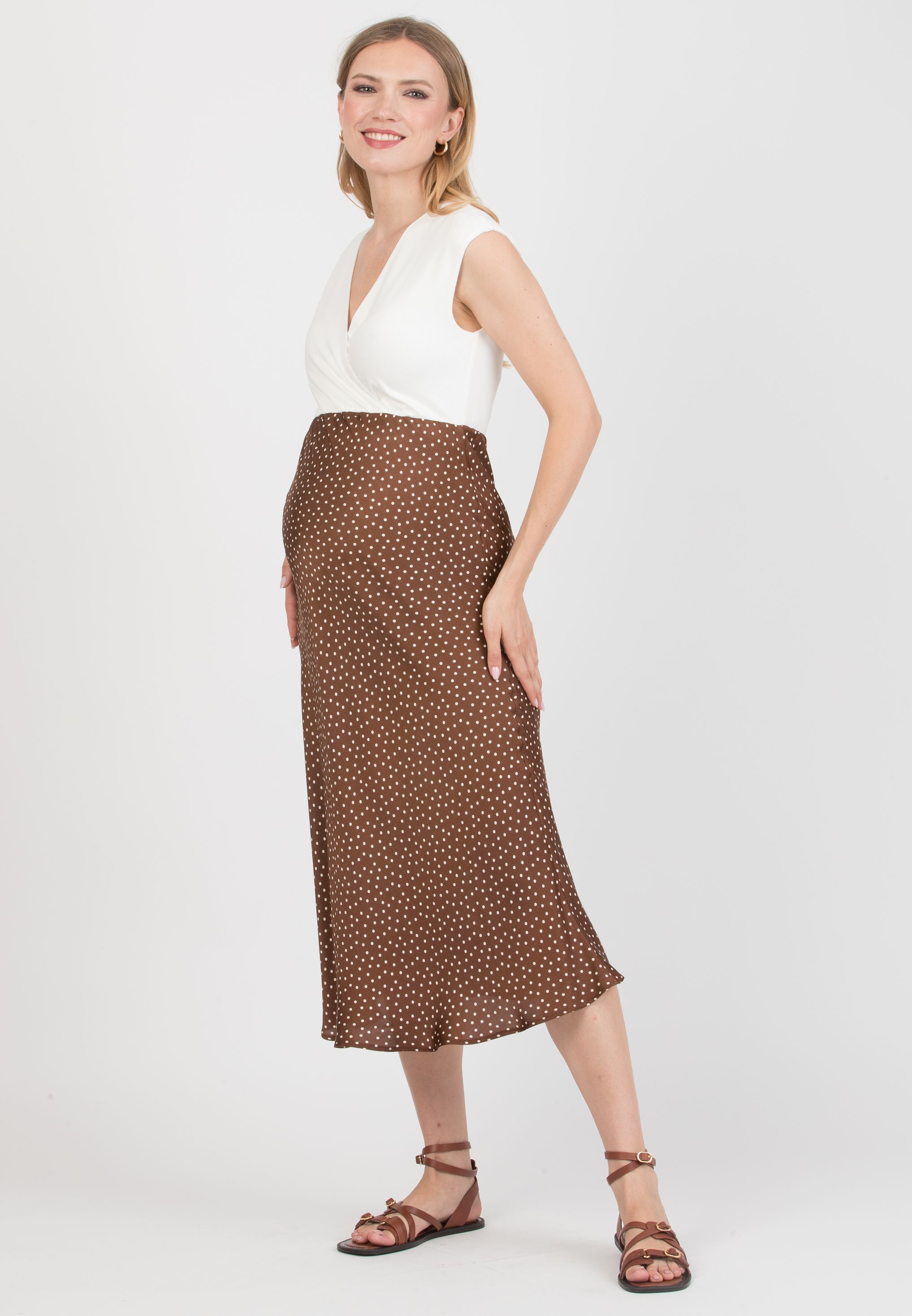 DILETTA P – Maternity & Nursing Dress with Crossover Bodice and Polka-Dot Satin Skirt (Marrone)