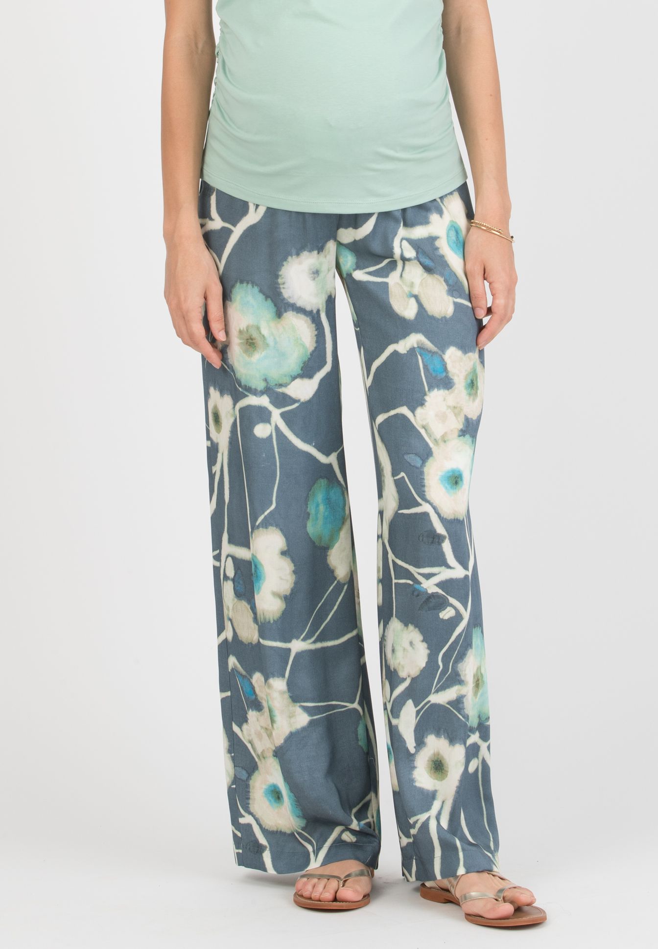 GUENDALINA LG - Maternity Palazzo Trousers in Printed Viscose Satin (Denim)