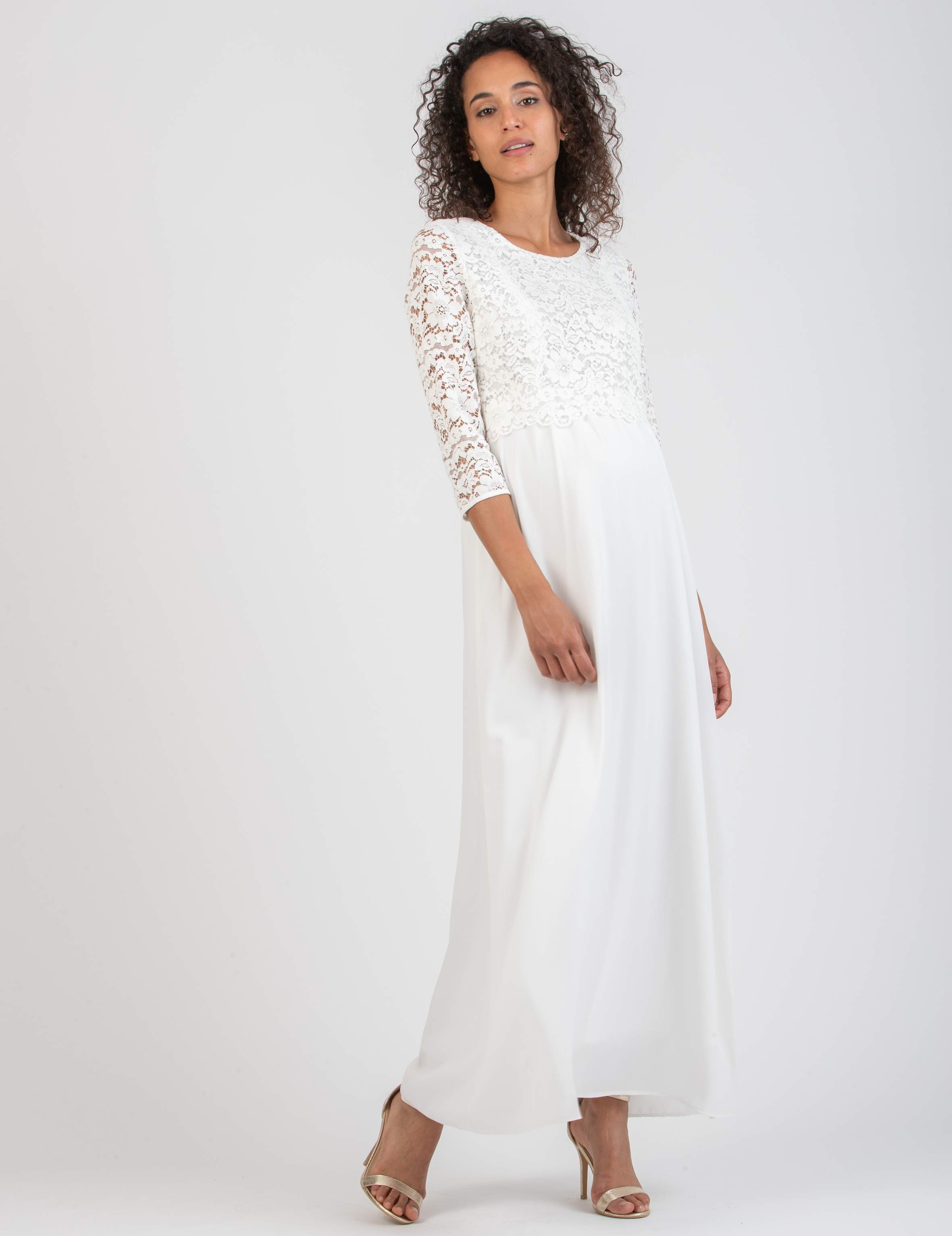 ELEONORA MAXI - Maternity & Nursing Dress in Lace and Chiffon (Avorio)