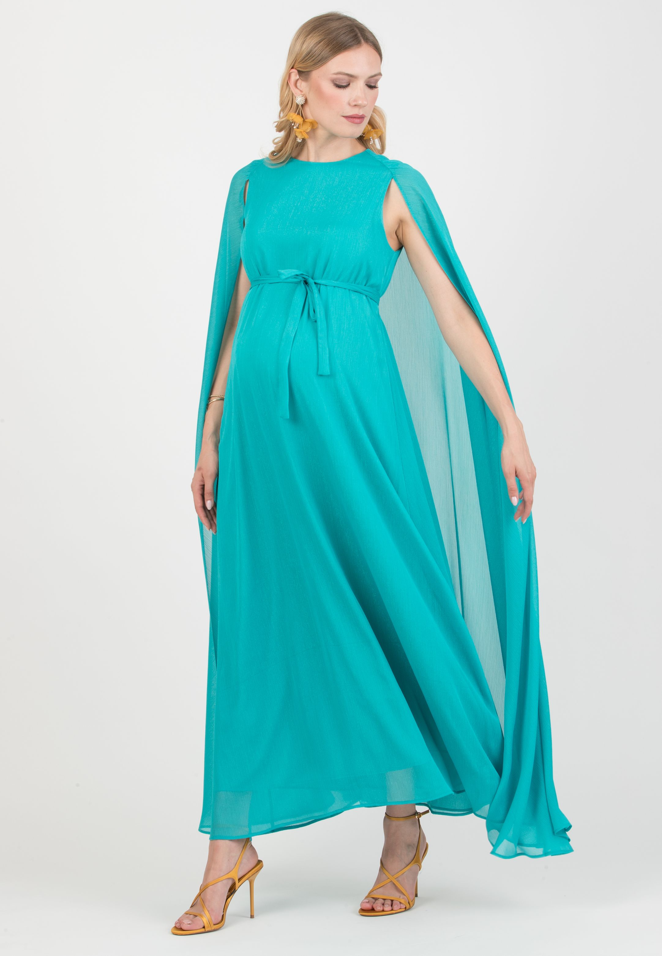 PHOEBE – Long Maternity Dress with Cape (Turchese)