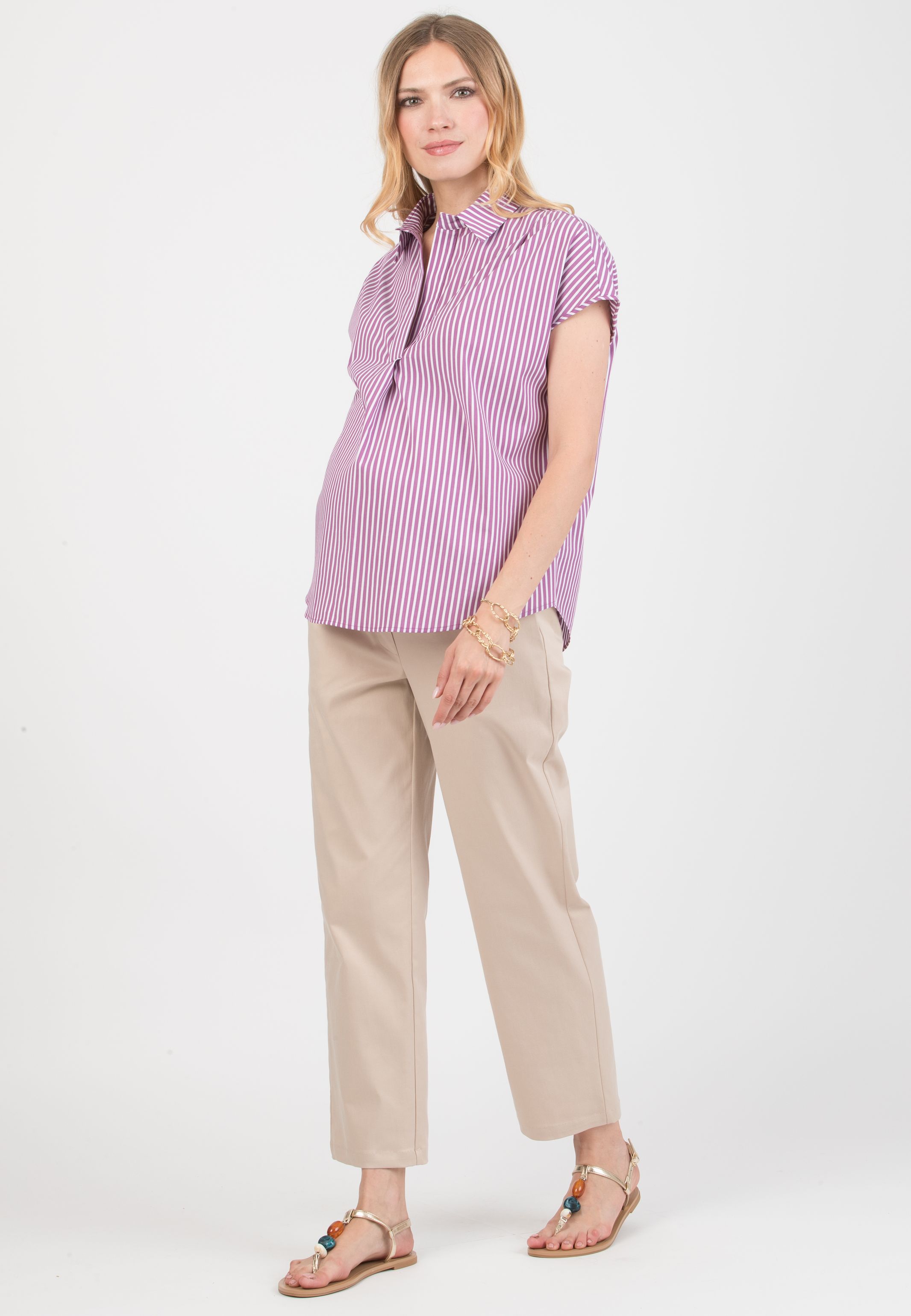 OLIVIA M/M – Oversized Maternity Shirt in Striped Cotton Poplin (Viola)