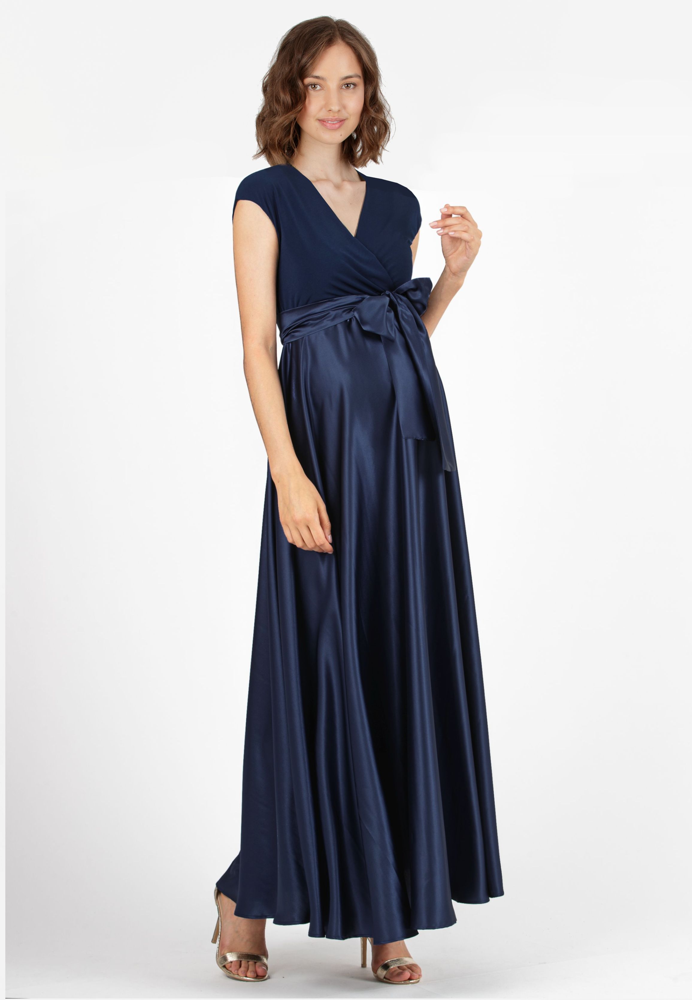 LUCREZIA - Maternity & Nursing Maxi Dress with Satin Skirt (Blu Scuro)