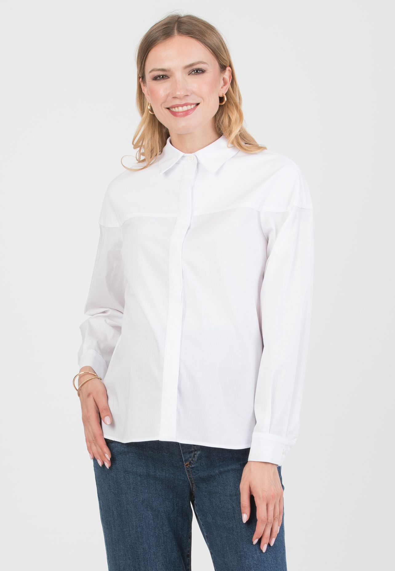 CAROLINA – Stretch Cotton Maternity & Nursing Shirt with Yoke and Cuffs (Bianco  Ottico)