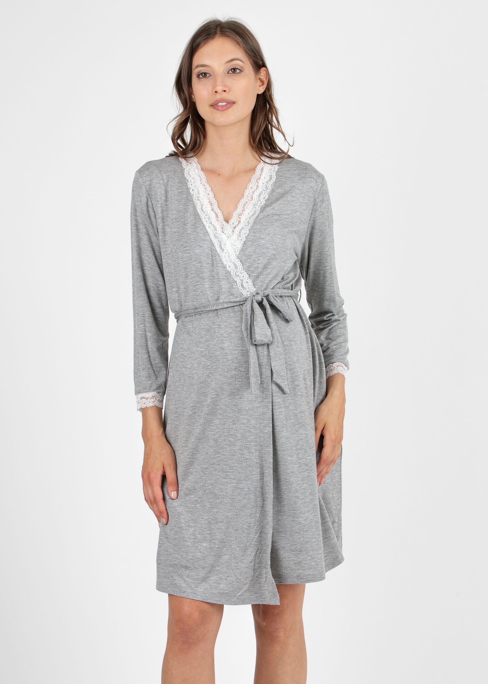 Maternity & Nursing Dressing Gown with Lace Details (Grigio Chiaro)