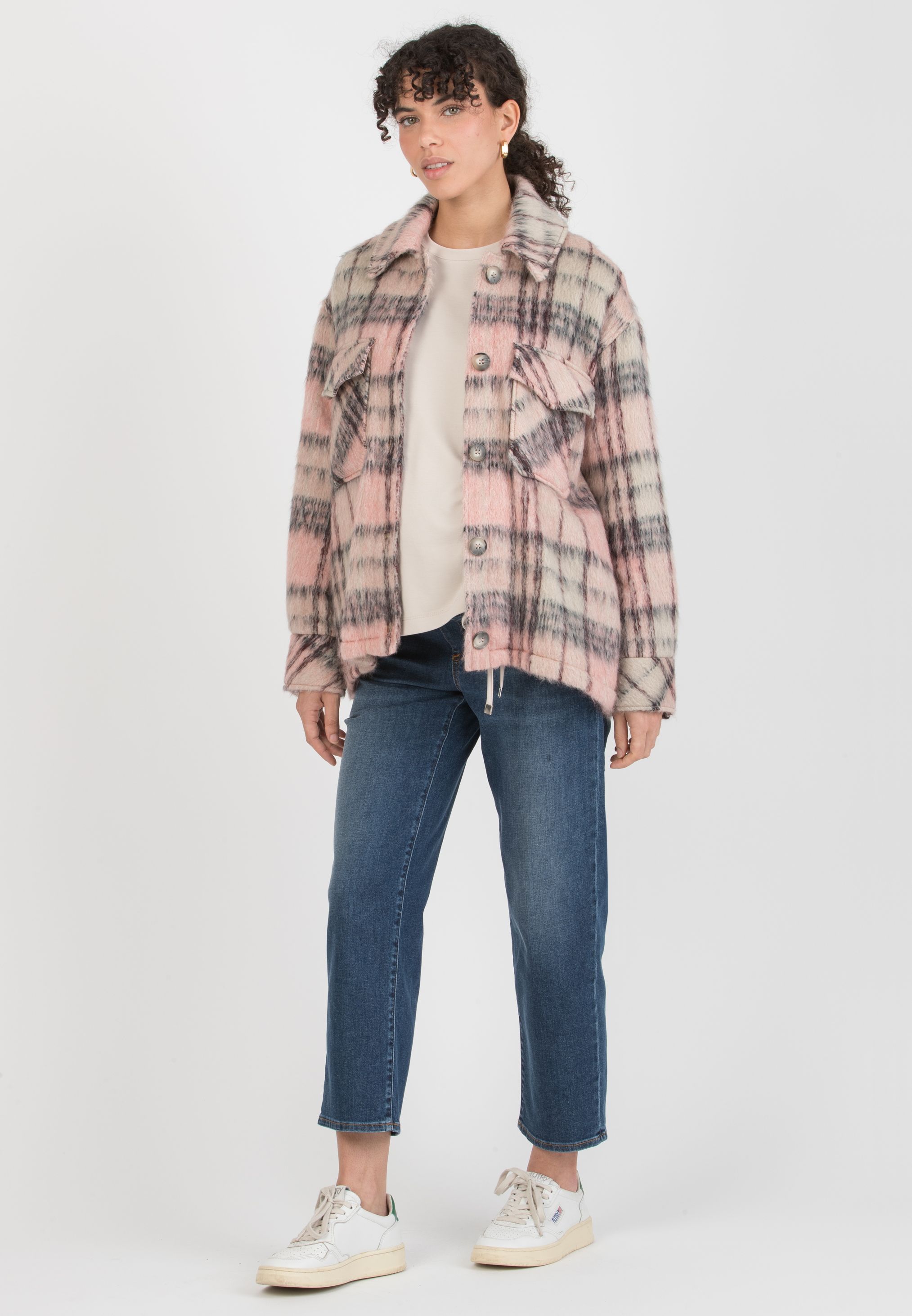 INDIA C – Short Maternity Coat in Virgin Wool with Pink Check Pattern and Pockets (Rosa)